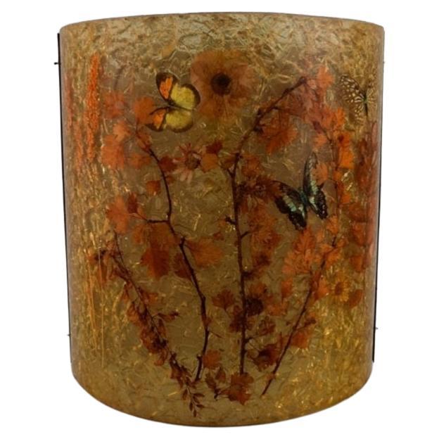 Large Wall Lamp in Curved Art Glass with Hand-Painted Butterflies and Foliage