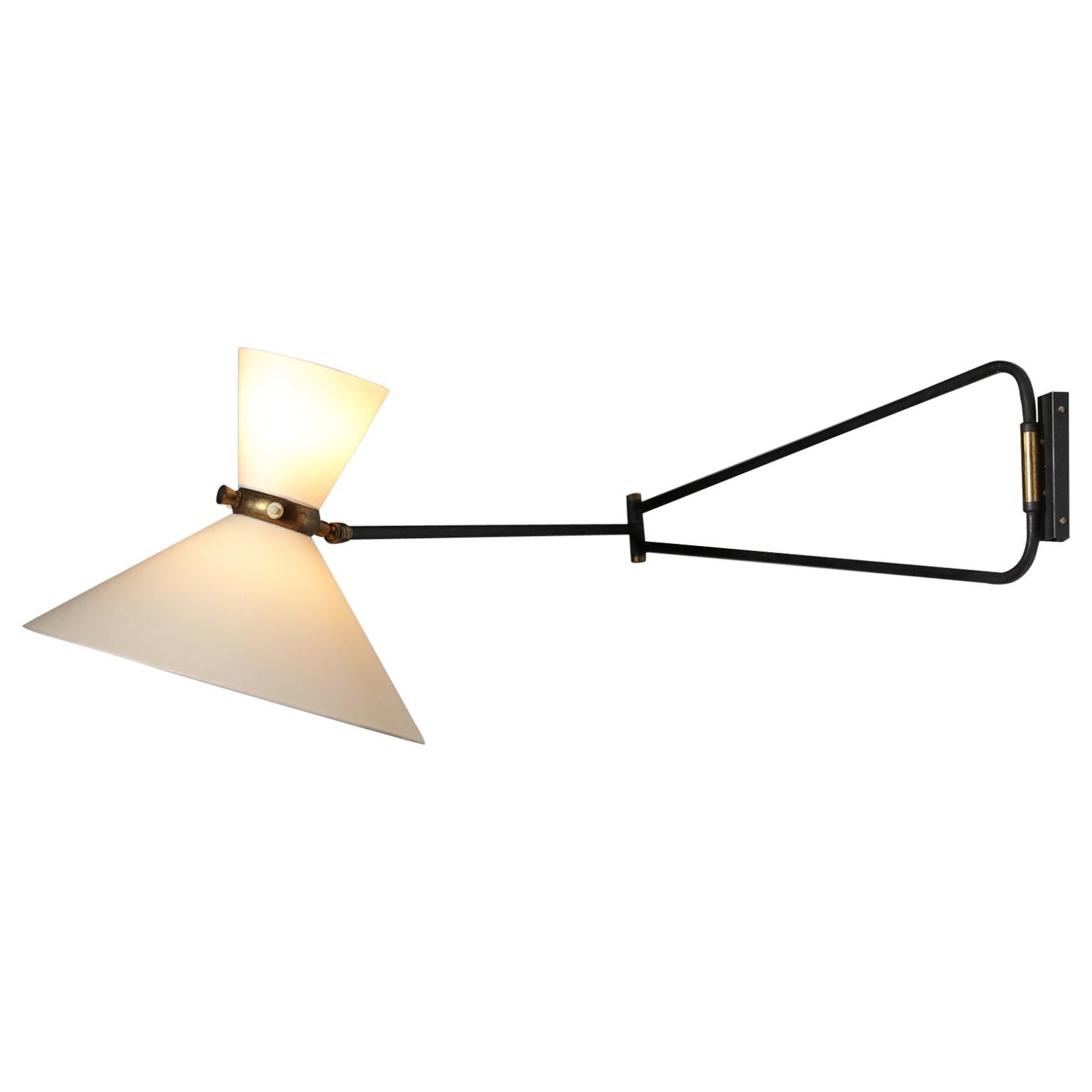 Large wall lamp from the 50's in the style of René Mathieu's work, edited by Maison Lunel. Original black lacquered metal and brass structure. The lampshades have been redone. Very nice patina and good condition (see pictures).