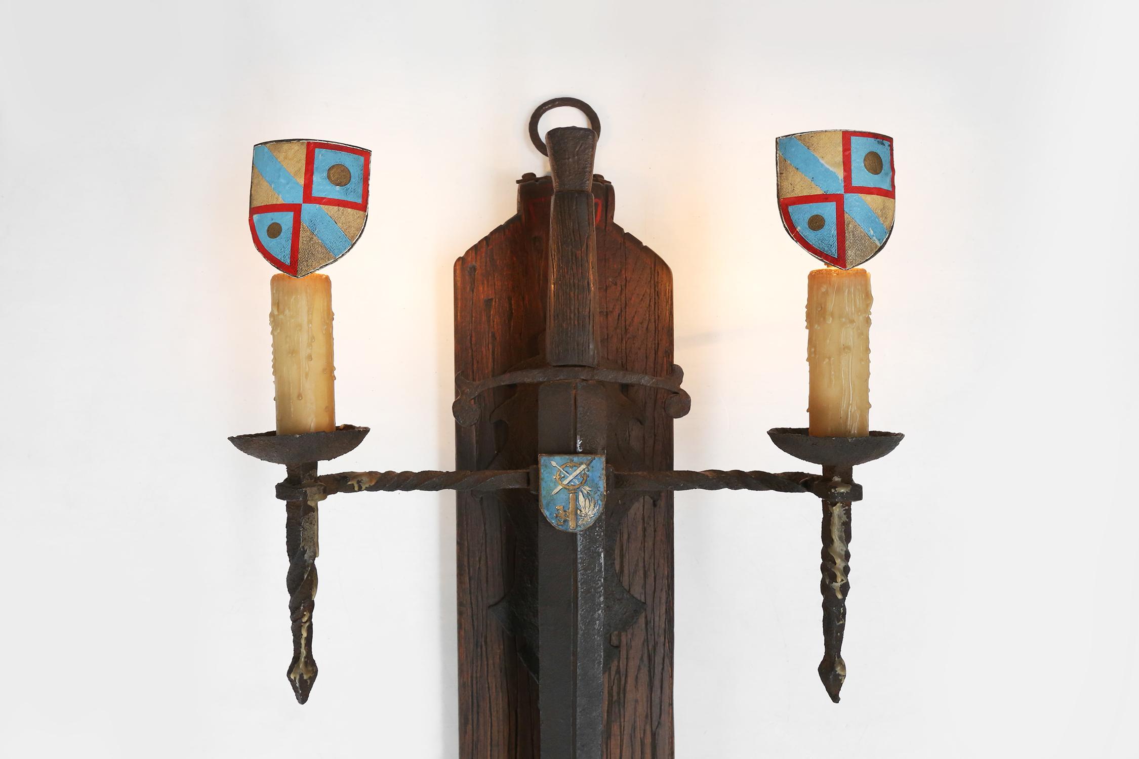 Medieval Large wall lamp with sword, 1950's For Sale