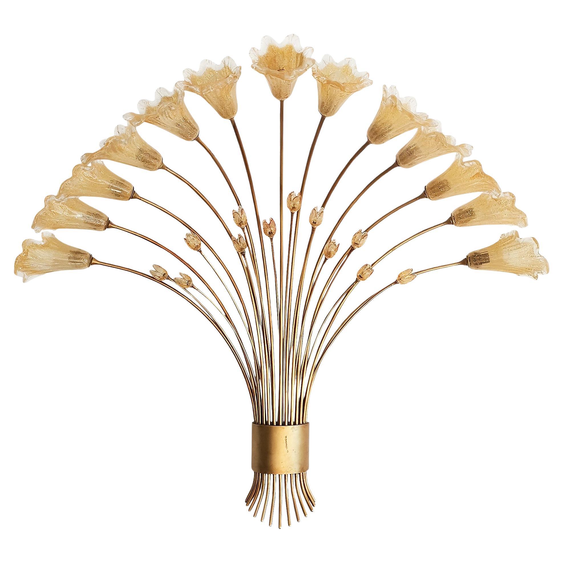 Large Late 20th Century Murano Wall Light in Gilded Steel and Glass Paste- Italy