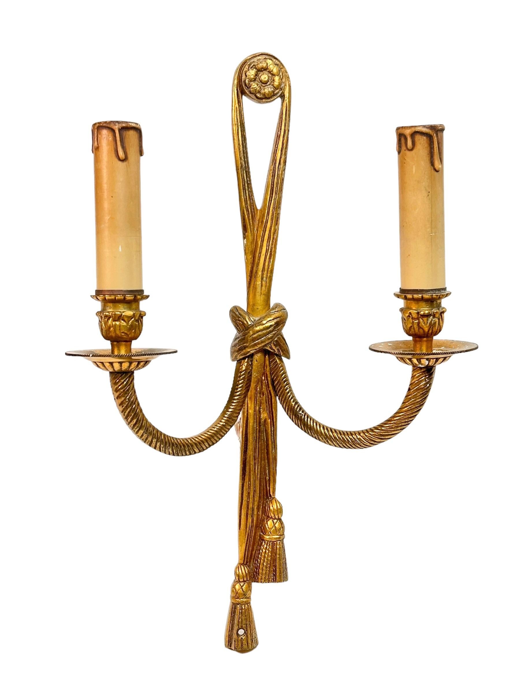 French Large Wall Light  Sconce Gold Bronze Louis XVI Style with Ribbons, France  For Sale