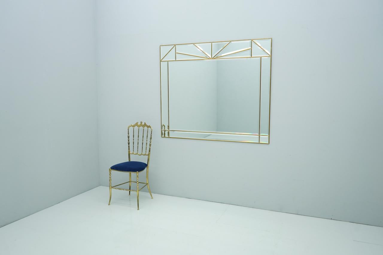 Faceted Large Wall Mirror in Brass and Glass, France 1970s For Sale