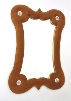 Spanish Large Mirror in Ochre Velvet with Porcelain Medallion Details