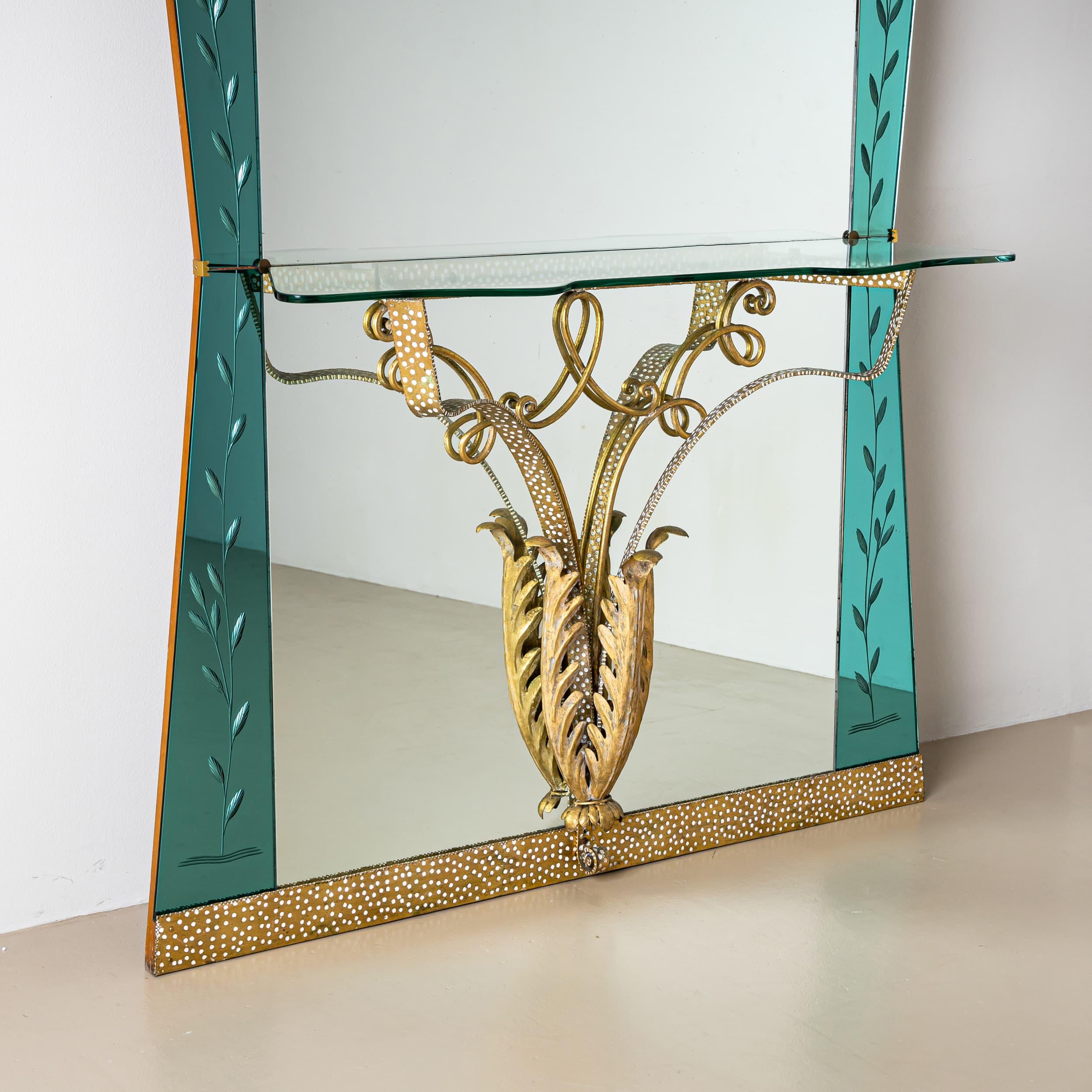Italian Large Wall Mirror with Console and Etched Decor, Italy For Sale