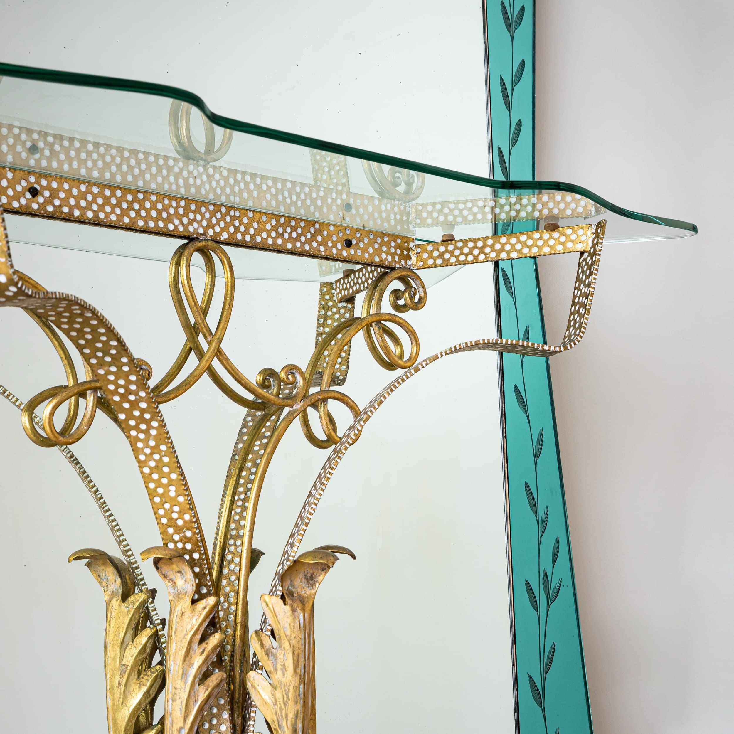 20th Century Large Wall Mirror with Console and Etched Decor, Italy For Sale