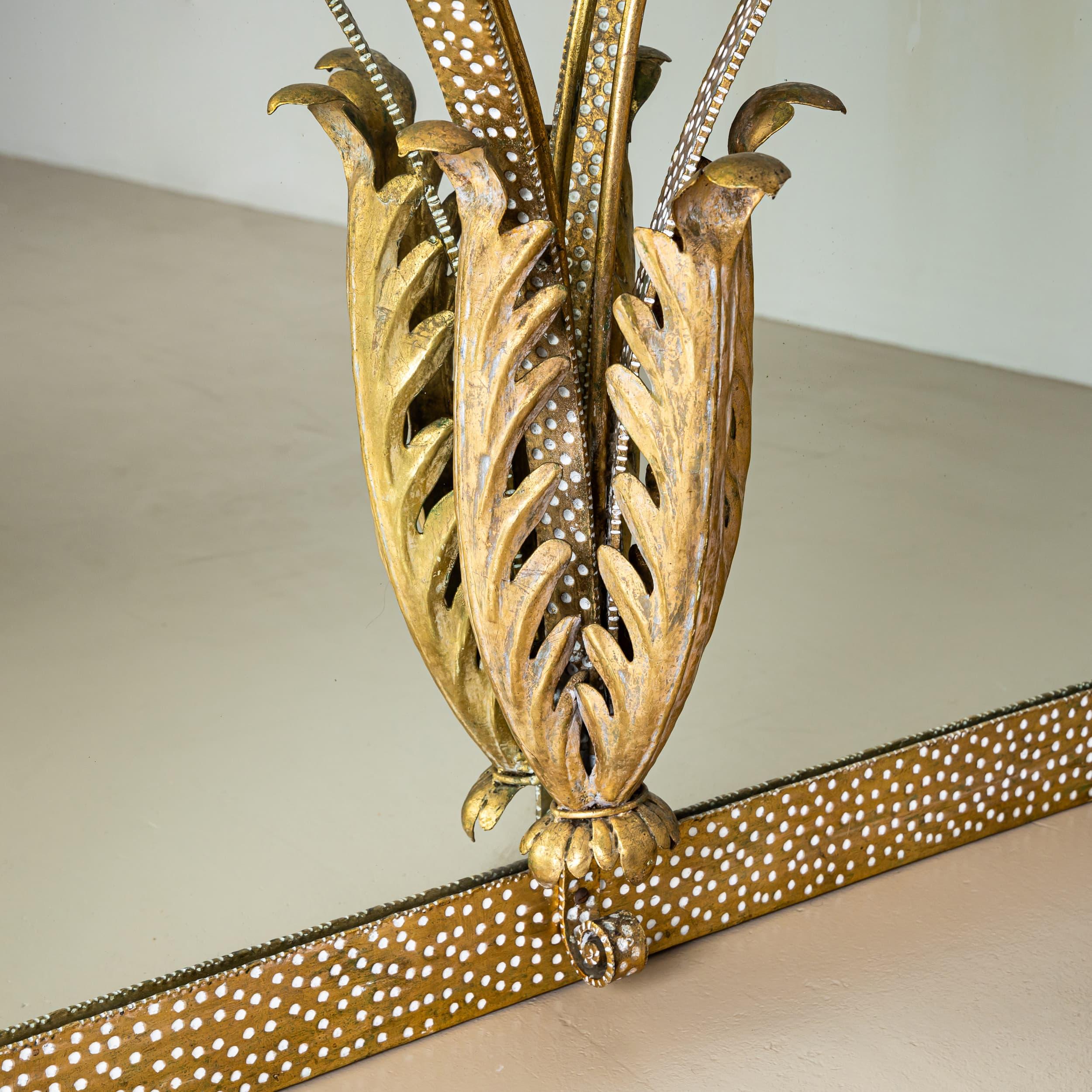 Brass Large Wall Mirror with Console and Etched Decor, Italy For Sale