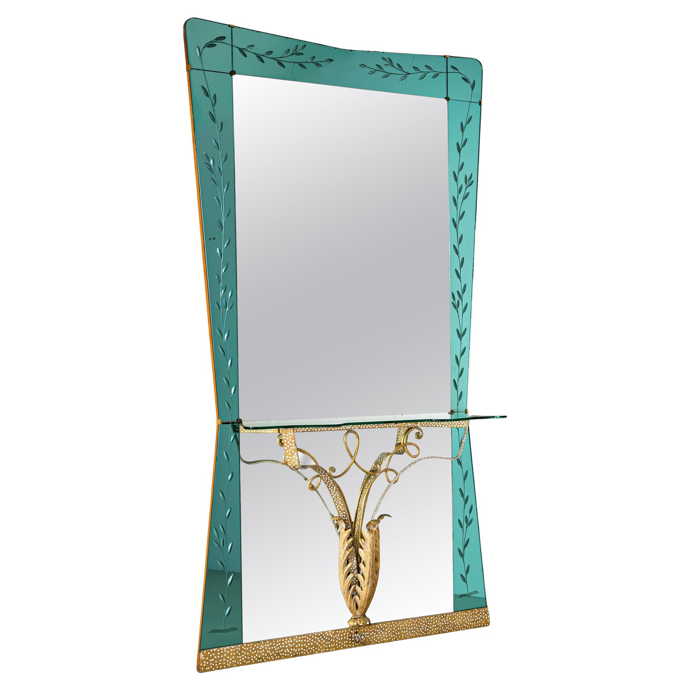 Large Wall Mirror with Console and Etched Decor, Italy For Sale