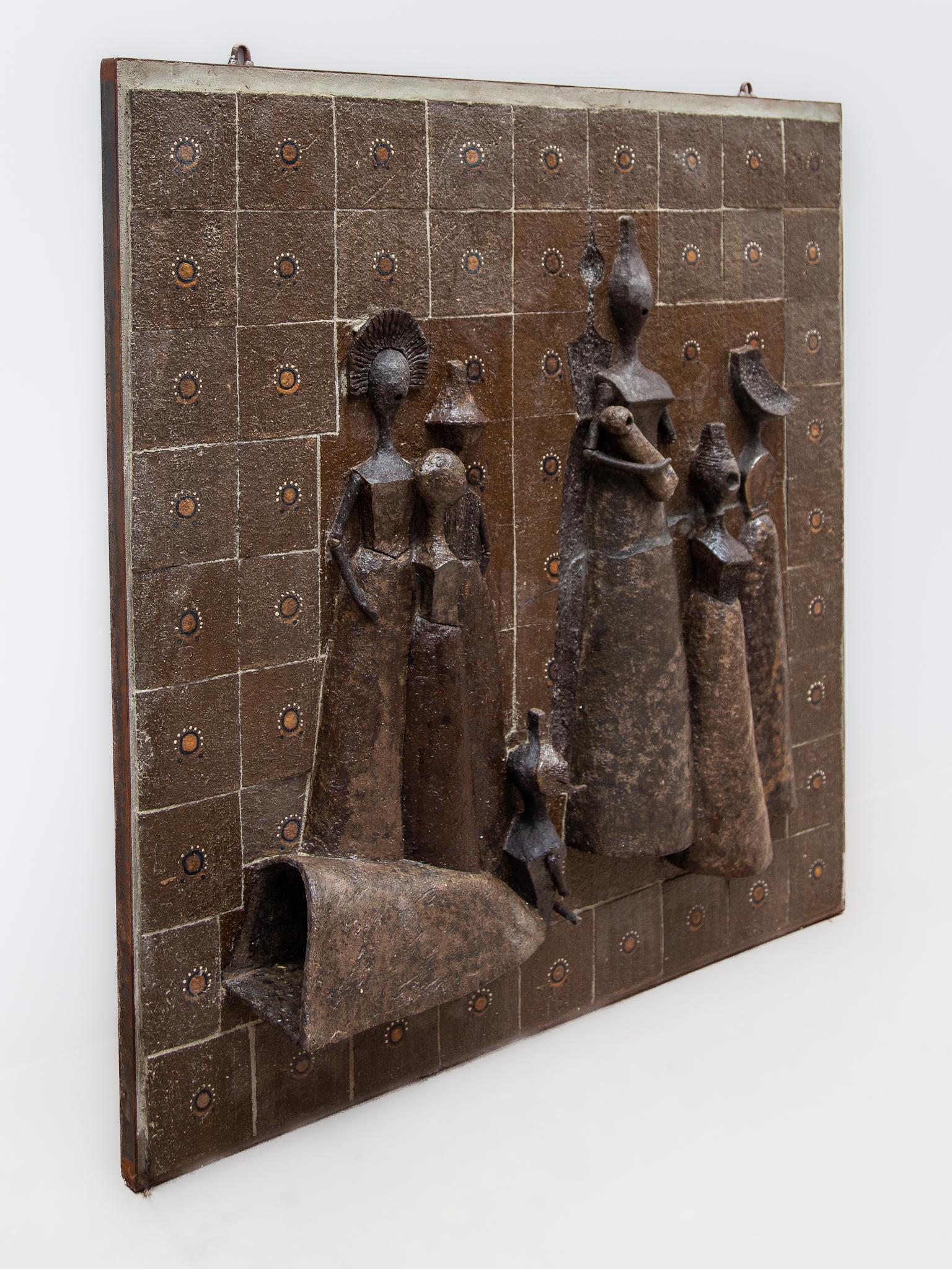 Mid-20th Century Large Wall Mounted Brown Toned Ceramic Sculpture Women with Child, 1960s For Sale