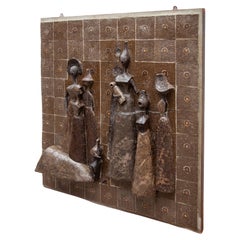 Large Wall Mounted Brown Toned Ceramic Sculpture Women with Child, 1960s