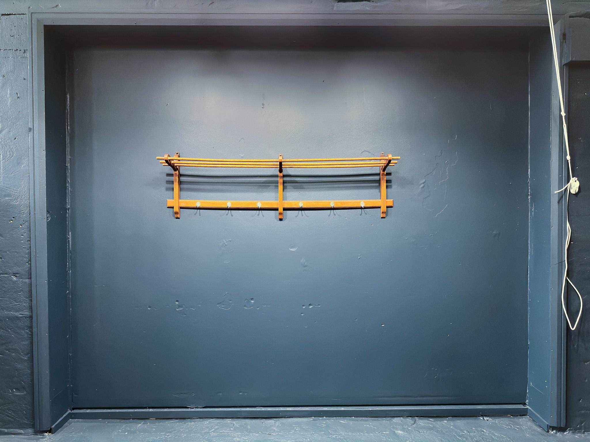 This oak wall mounted coatrack, is a wonderful piece of design. It has six steel coat hooks with an excellently crafted shelf above. The shelf is made from three wooden oak rungs, which boasts its versatility, being able to be used as storage or