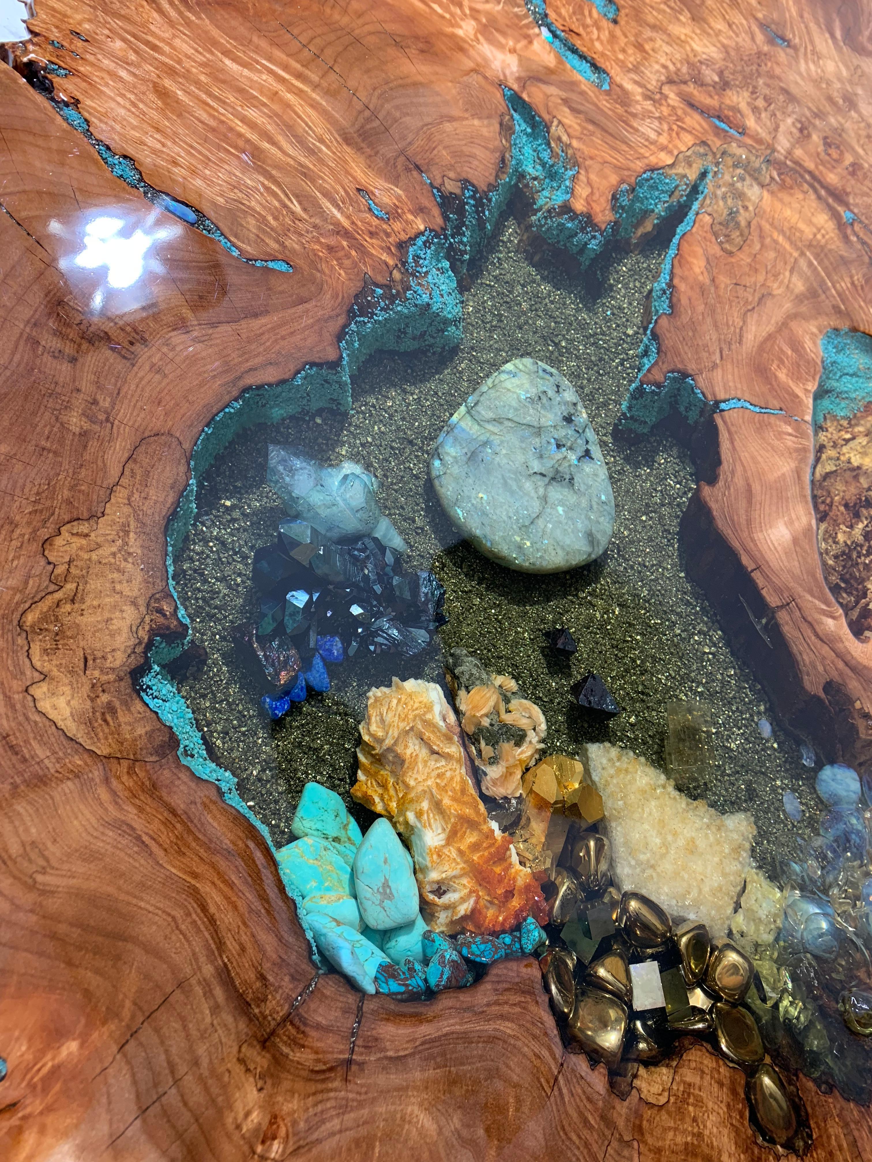 Rock Crystal Sculpture in Wood with Crystal and Gemstone Inlay