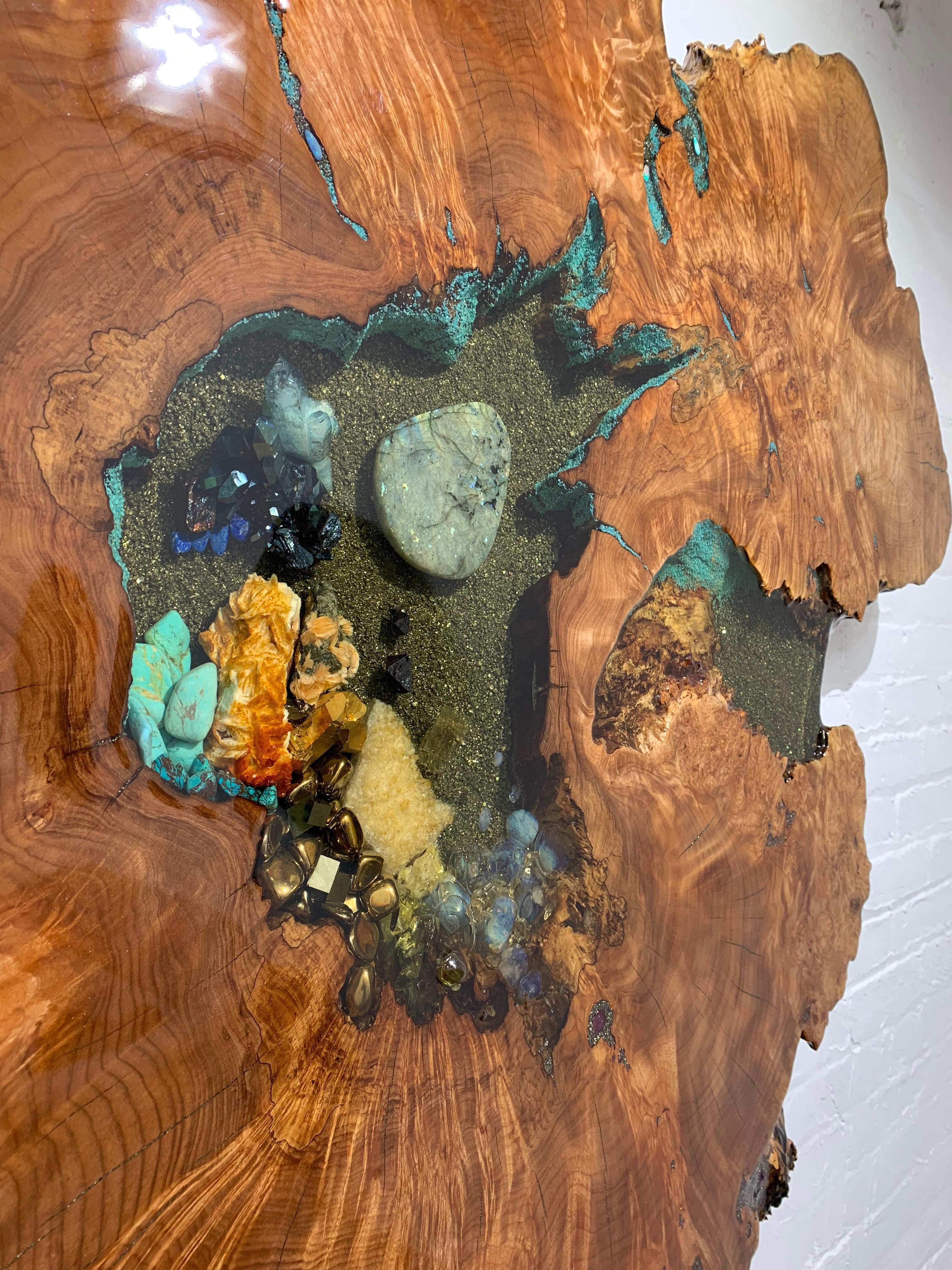 Sculpture in Wood with Crystal and Gemstone Inlay 8