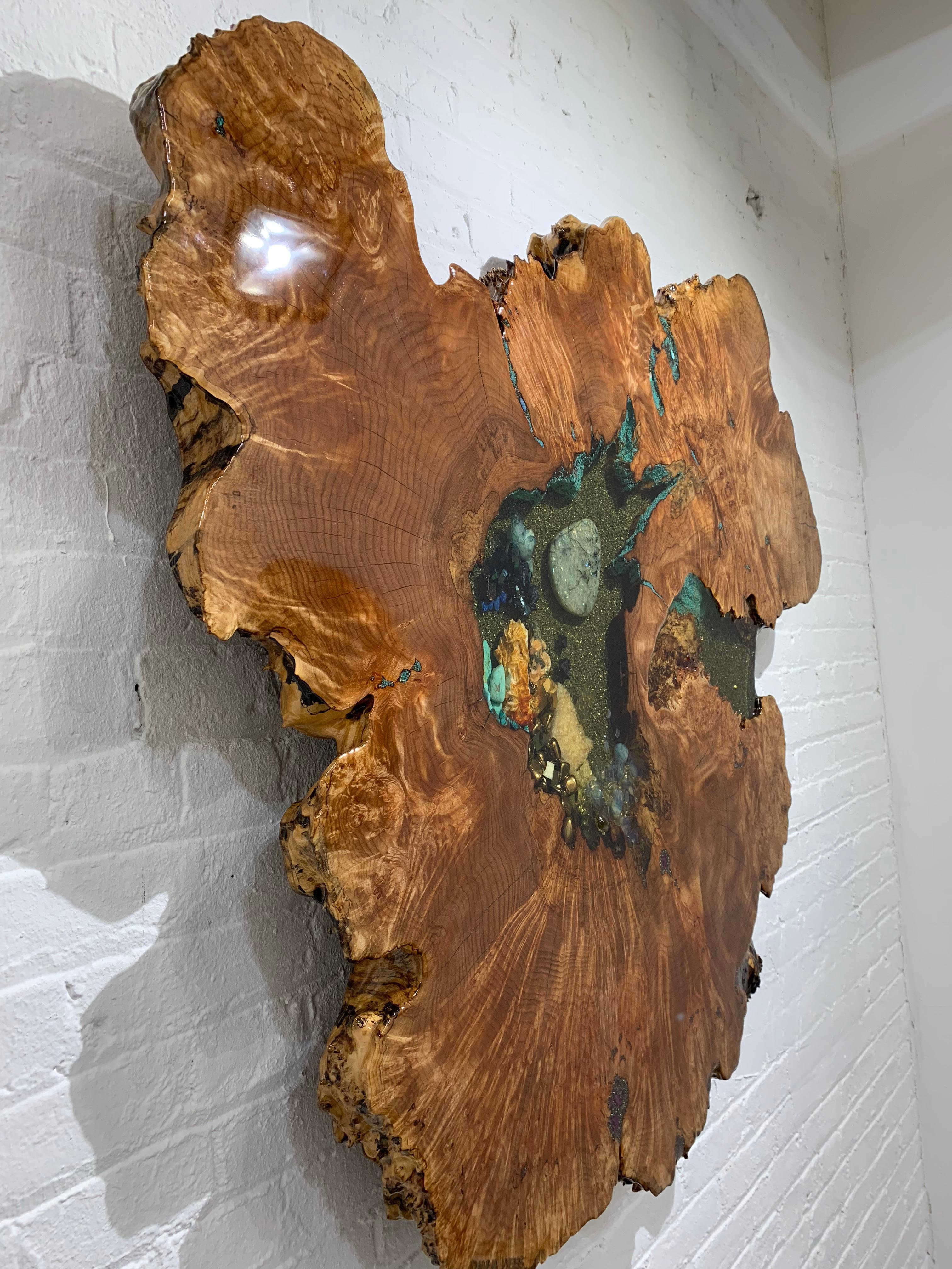 Wall-mounted sculpture in maple with crystal and gemstone inlay is sold. Custom works in choice of stones, wood and base materials can be special ordered. See Danna Weiss store.