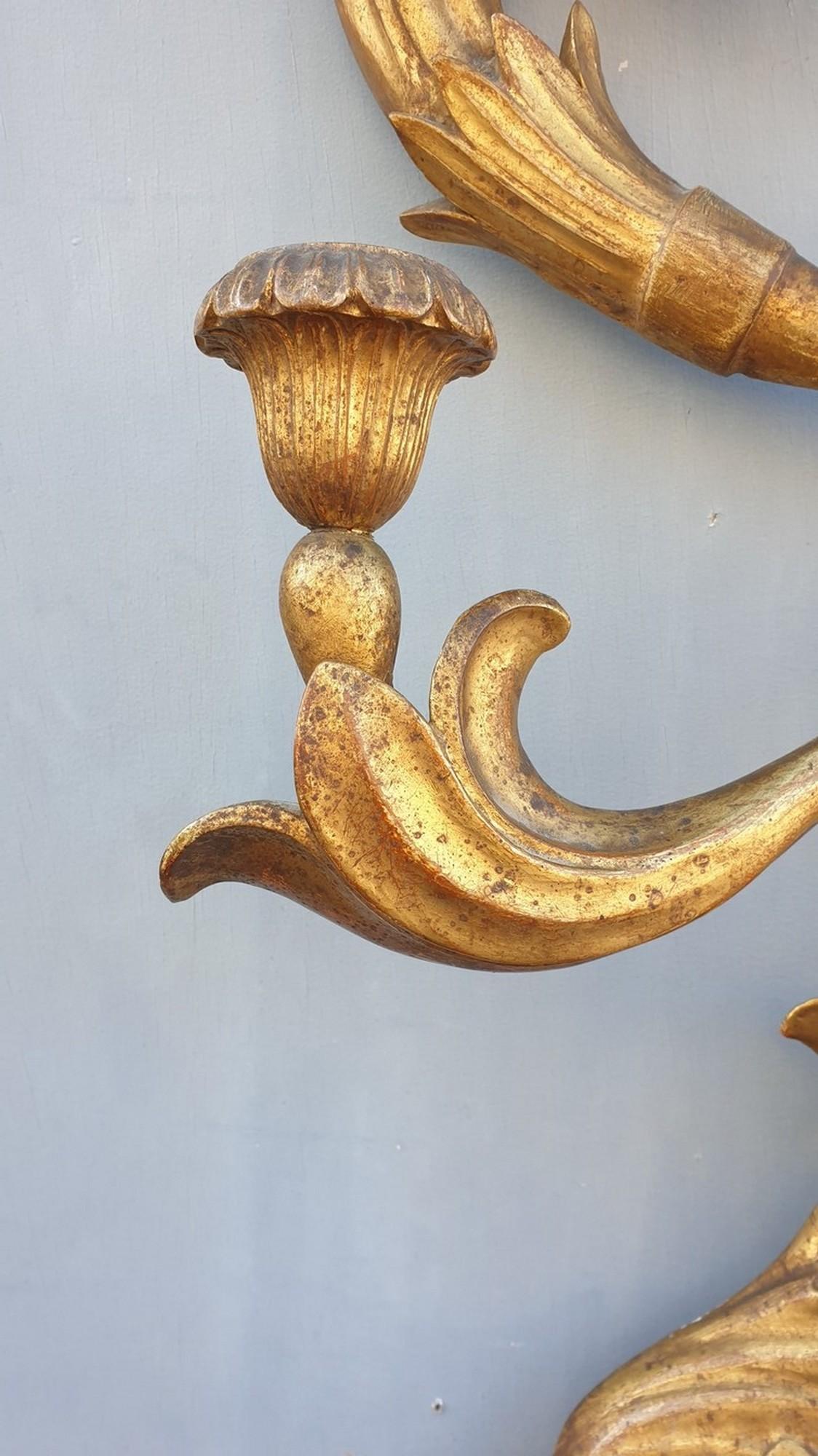 Italian Large Wall Sconce in Carved Golden Wood, Tuscany Xixth Century For Sale