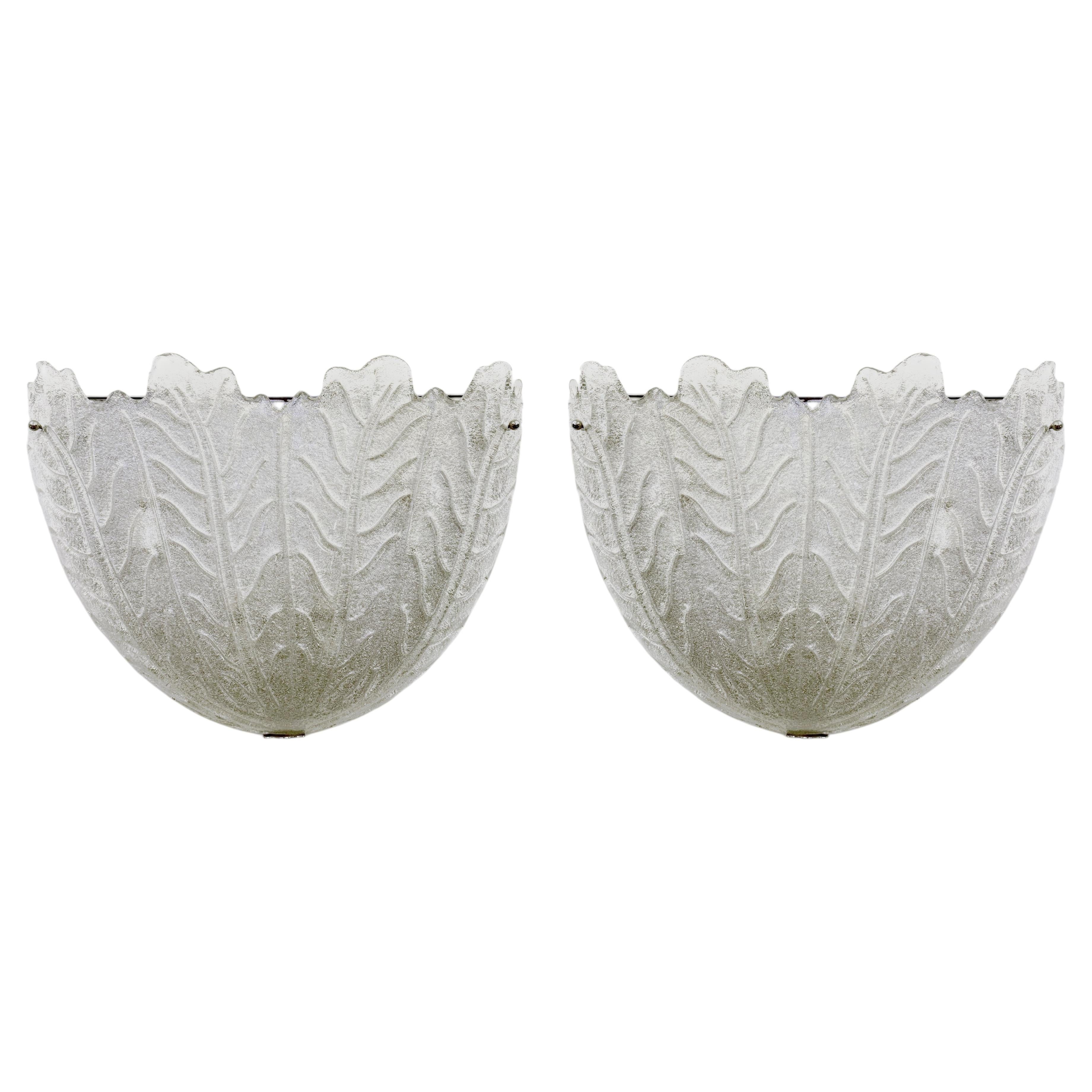 Pair of Large Mid-Century Murano Frosted Glass & Chrome Wall Sconces, Italy