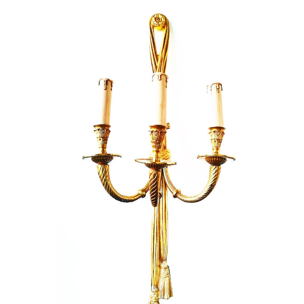 Large Wall Sconces French Louis XVI Style Bronze With Three Arms For Sale 5
