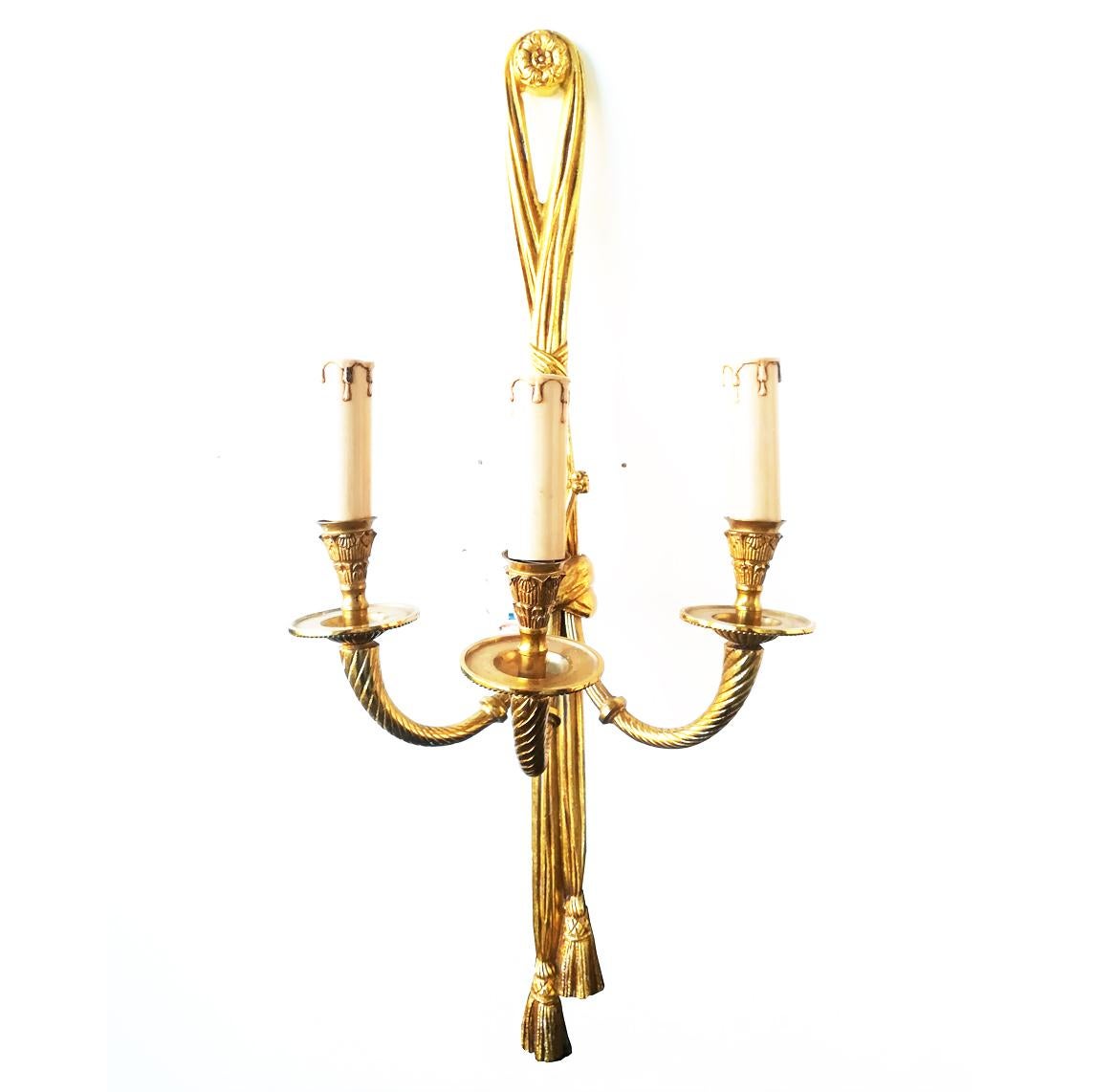 Cast Large Wall Sconces French Louis XVI Style Bronze With Three Arms For Sale