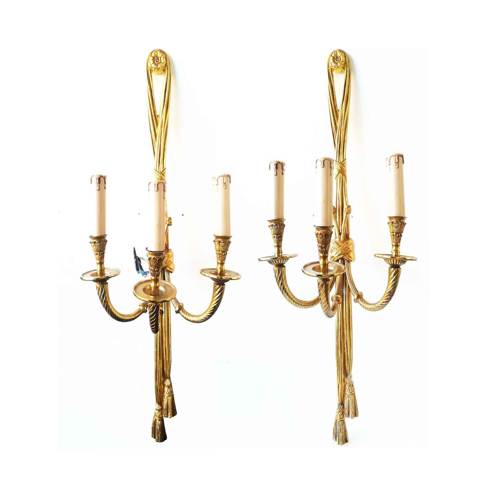 Large Wall Sconces French Louis XVI Style Bronze With Three Arms For Sale 1