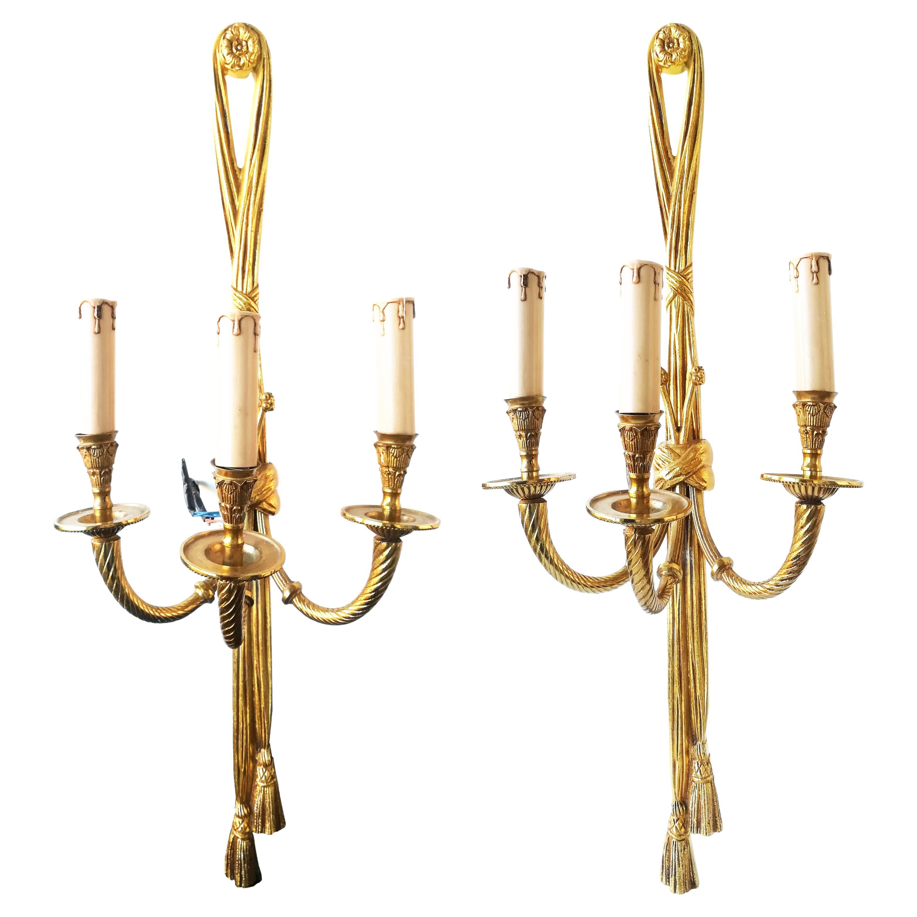Large Wall Sconces French Louis XVI Style Bronze With Three Arms For Sale 2
