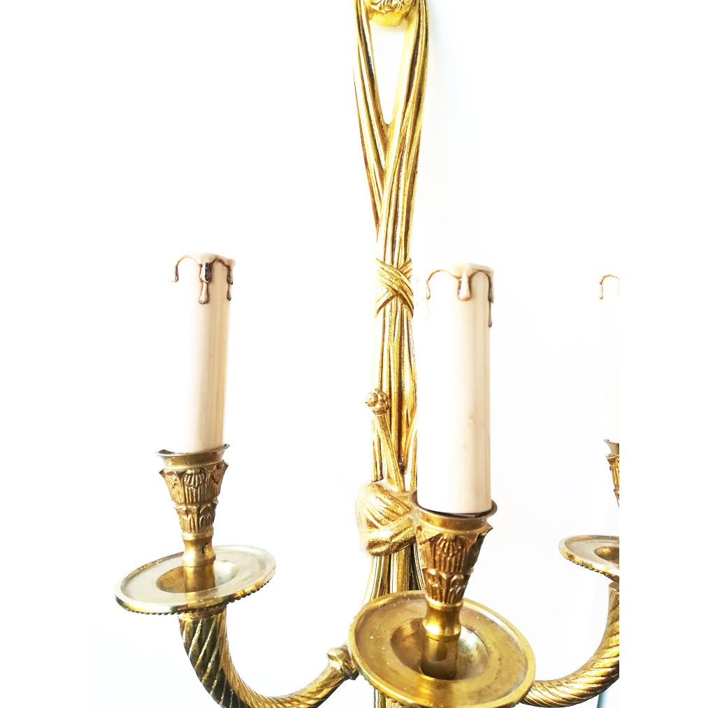 Large Wall Sconces French Louis XVI Style Bronze With Three Arms For Sale 3