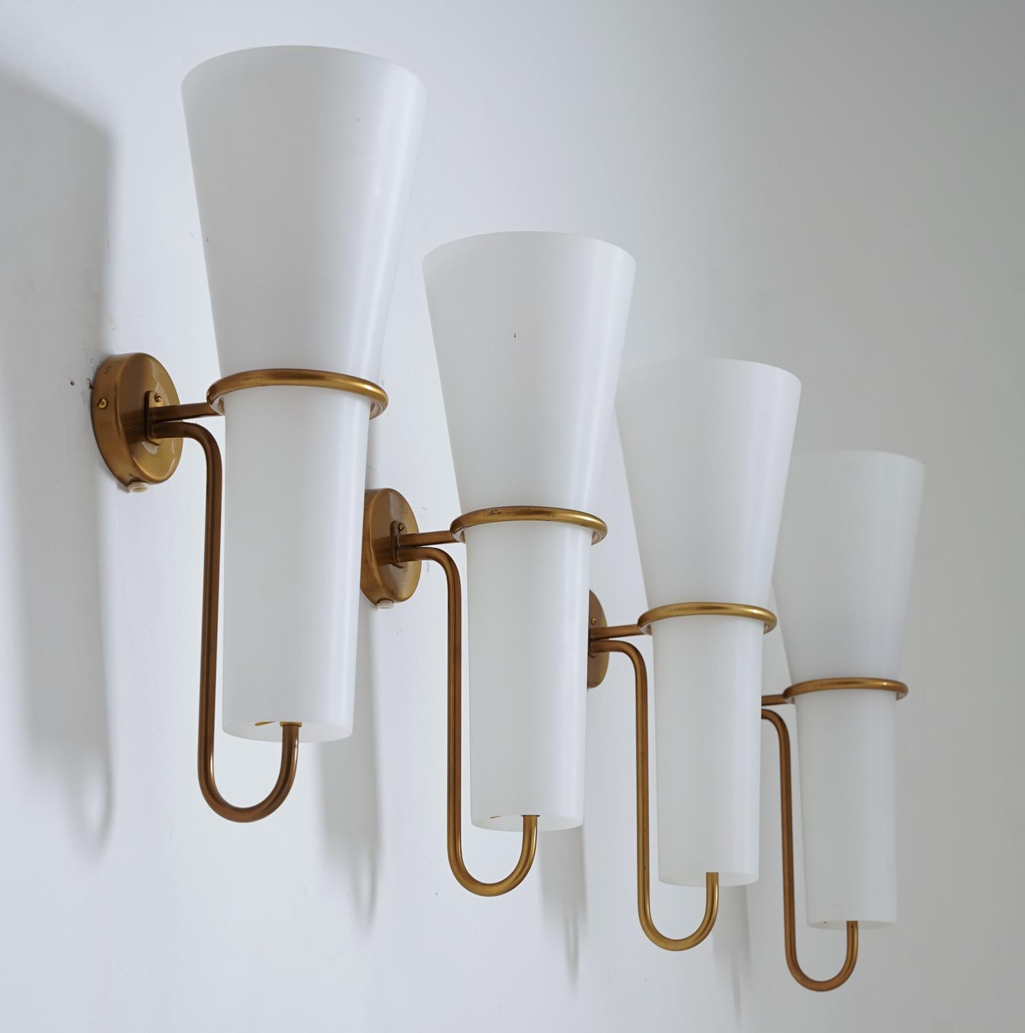 Mid-Century Modern Large Wall Sconces in Brass and Opaline Glass by Hans-Agne Jakobsson