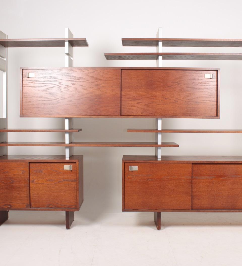 Large wall unit in stained oak and aluminium, designed made in Denmark 1970s. Great original condition.