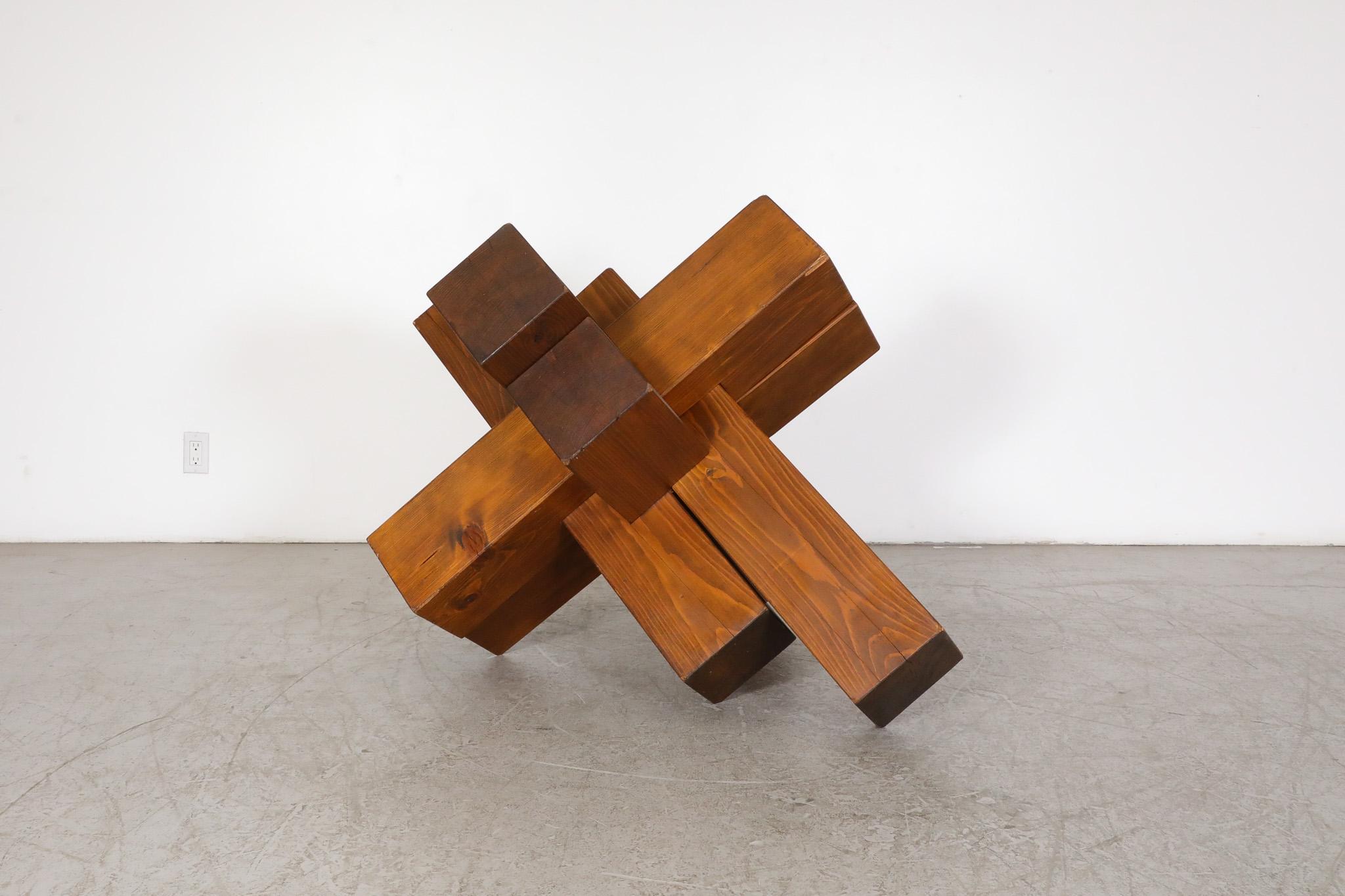 Large 1960's French cubist abstract sculpture with interlocking solid walnut wooden beams. This Mid-Century sculpture can be place on any side and the beams can be slightly adjusted, sliding from side to side. A stunning piece from any angle. It is