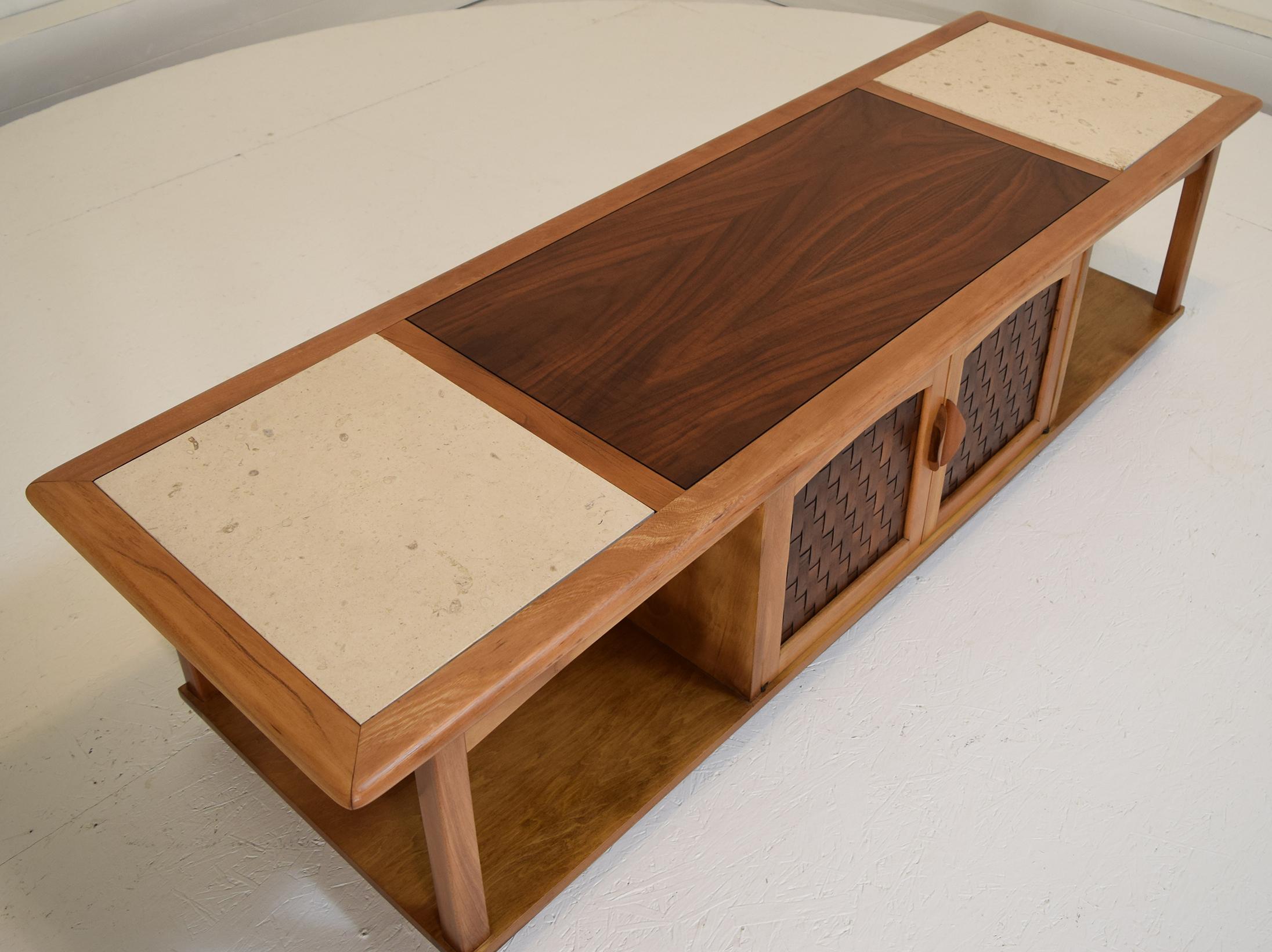 Large Walnut and Ash Media Console or Cocktail Table with Travertine 4