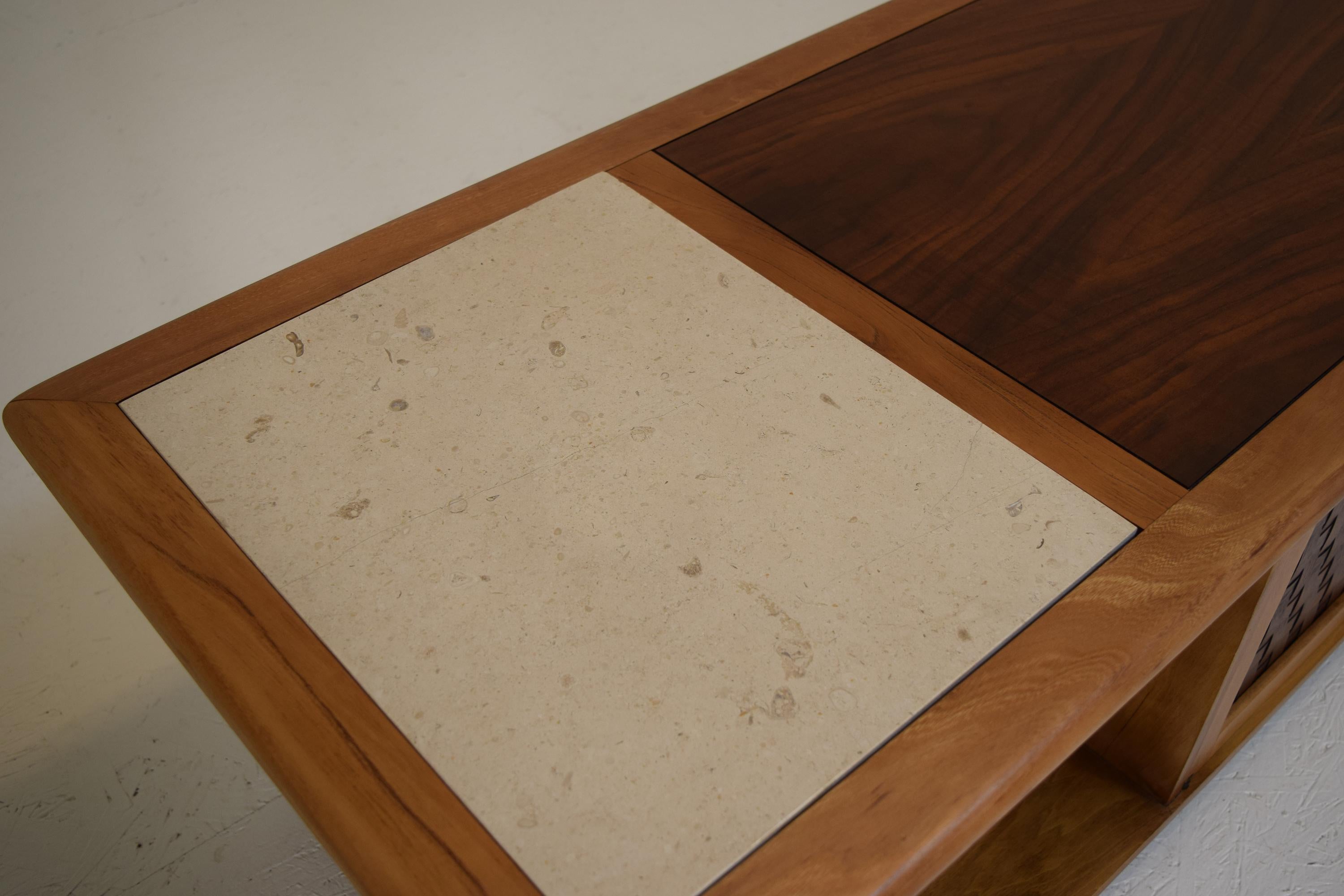 Large Walnut and Ash Media Console or Cocktail Table with Travertine 5