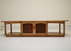 Large Walnut and Ash Media Console or Cocktail Table with Travertine