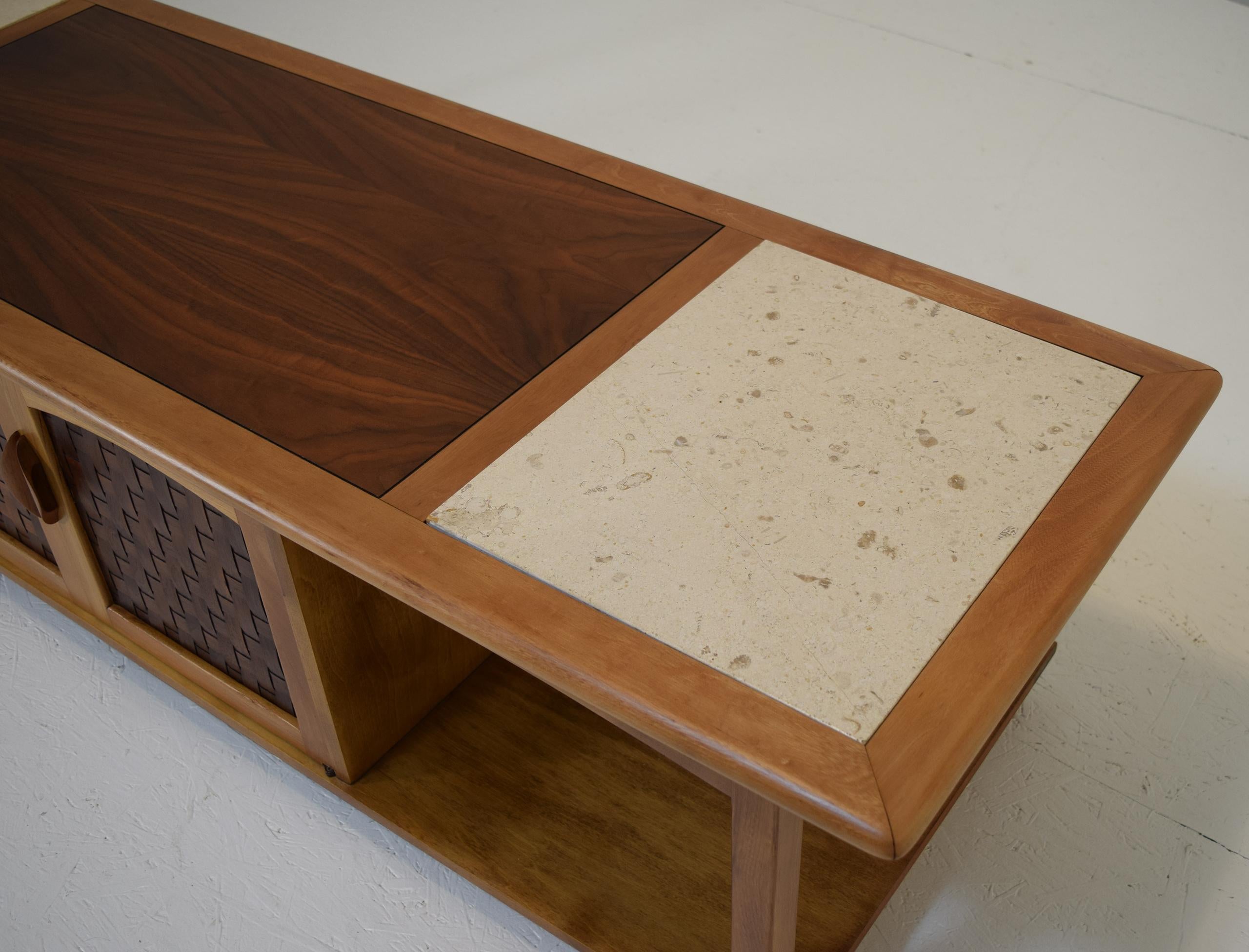Large Walnut and Ash Media Console or Cocktail Table with Travertine 3