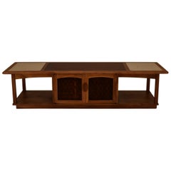 Large Walnut and Ash Media Console or Cocktail Table with Travertine