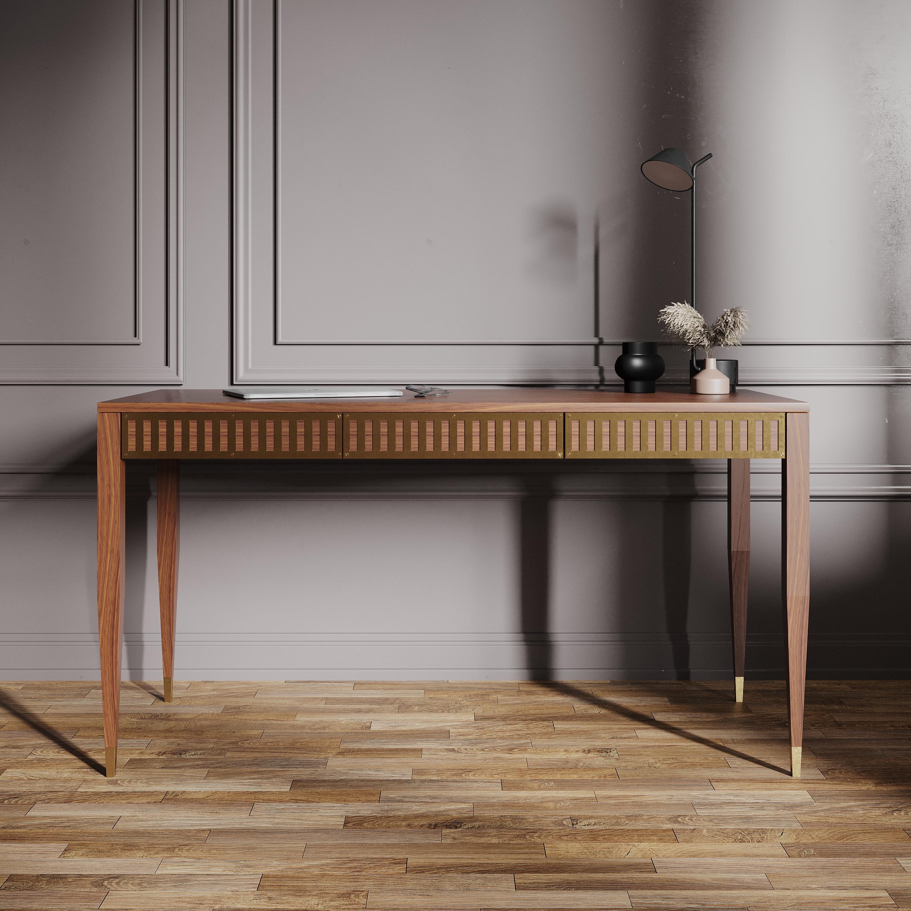 Polish Large walnut desk with brass fronts in mid century modern style For Sale