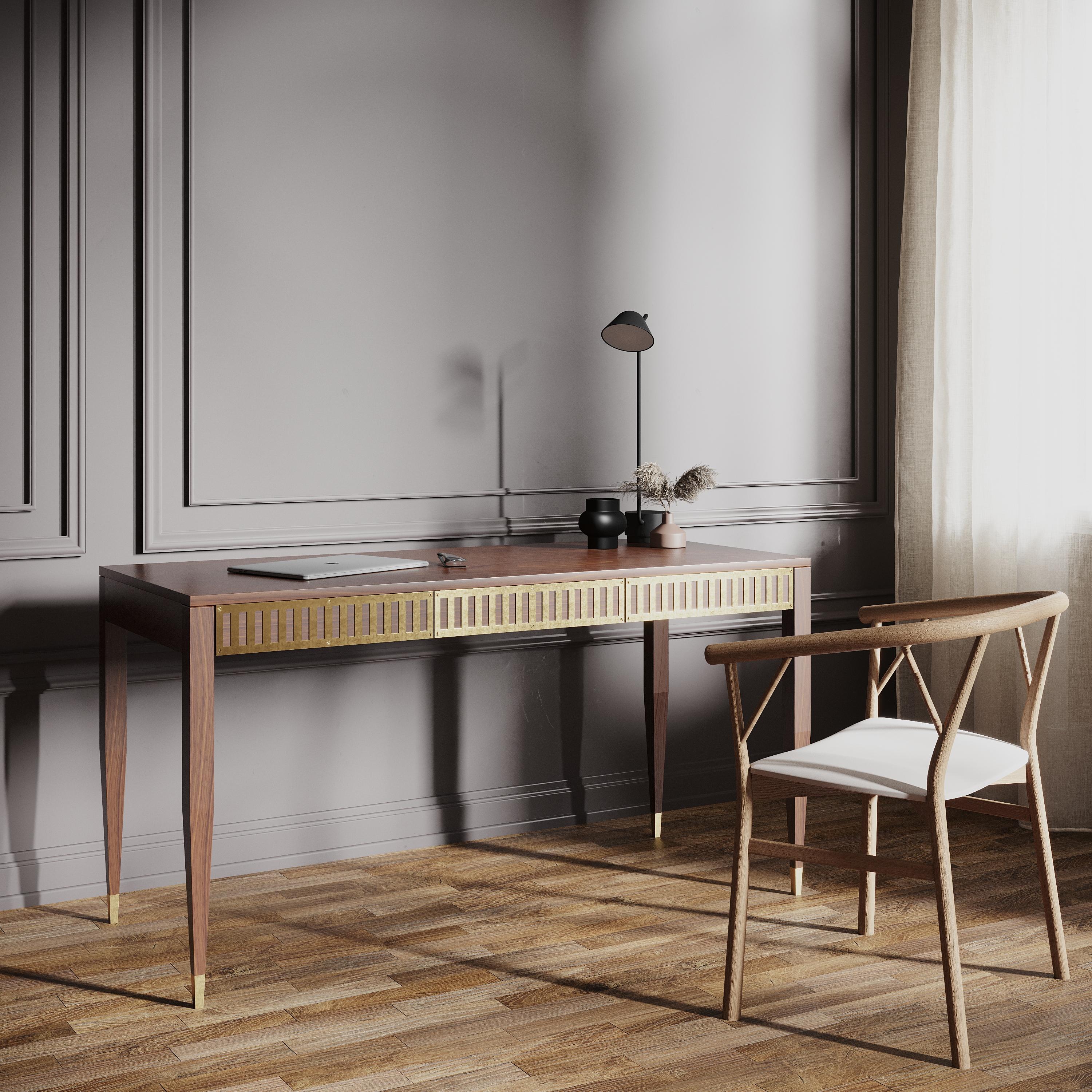 Hand-Crafted Large walnut desk with brass fronts in mid century modern style For Sale