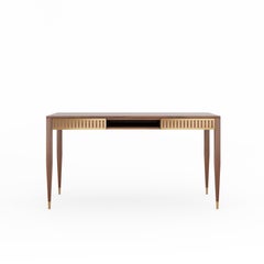 Large walnut desk with shelf and brass fronts in mid century modern style