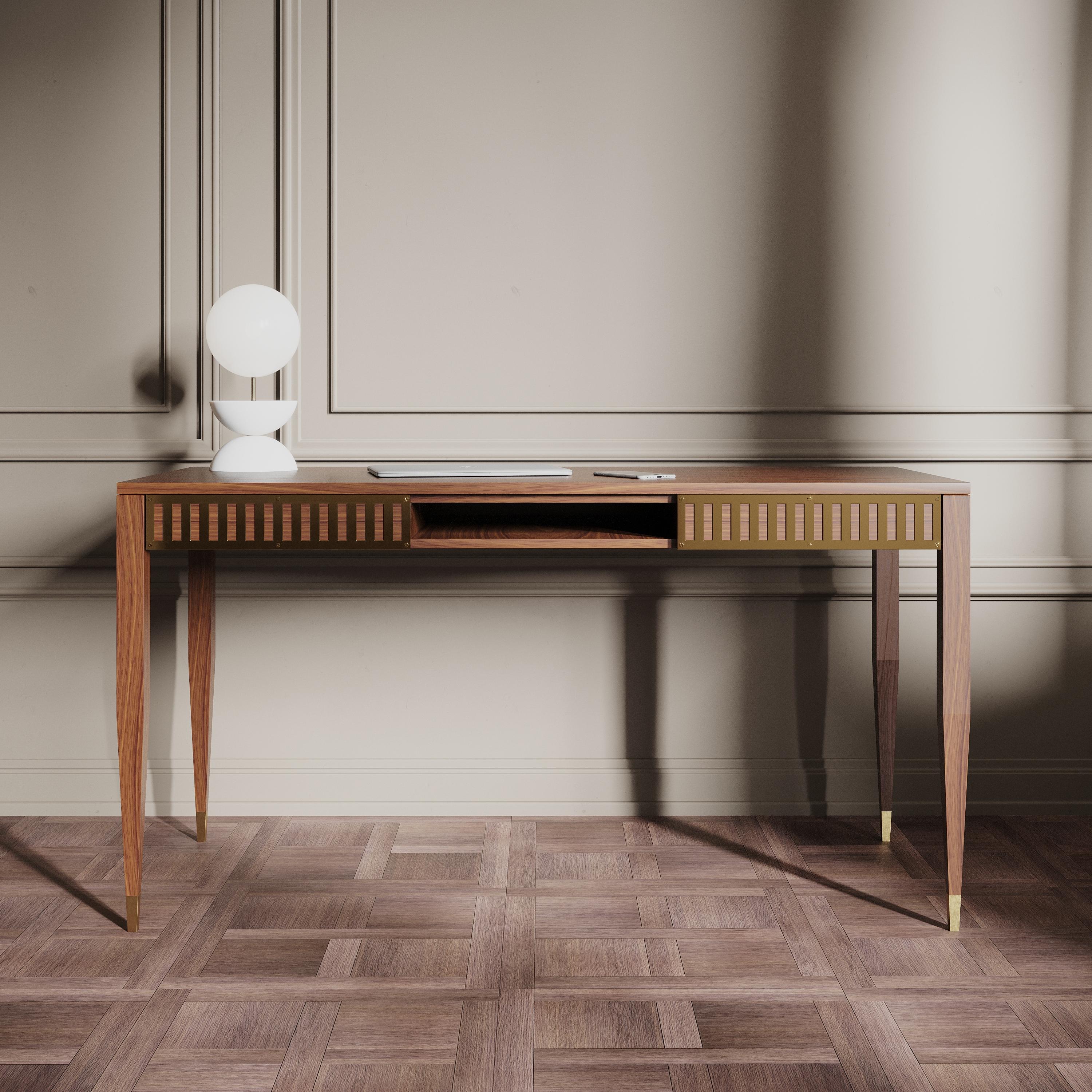 European Large walnut desk with shelf and brass fronts in mid century modern style For Sale