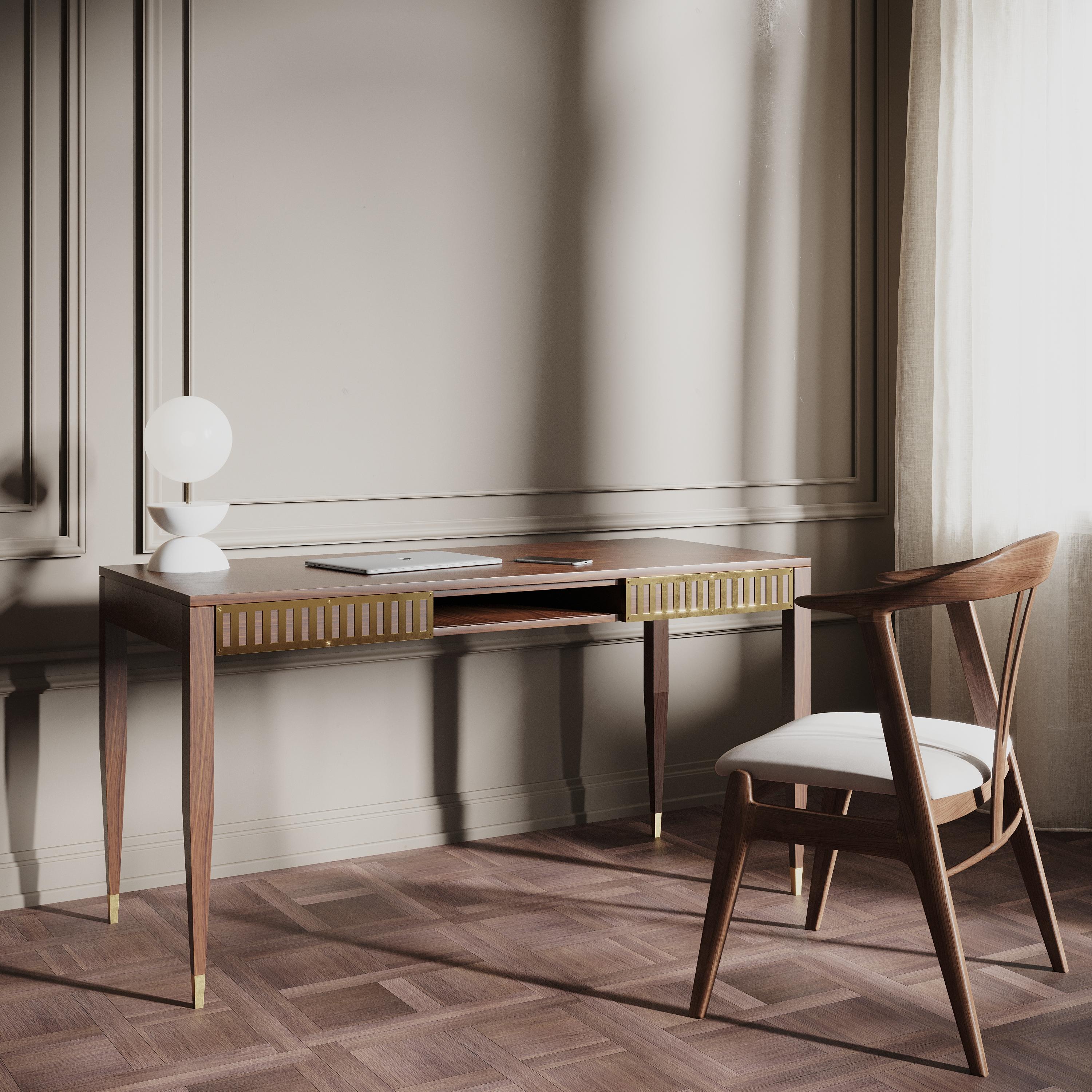 Hand-Crafted Large walnut desk with shelf and brass fronts in mid century modern style For Sale