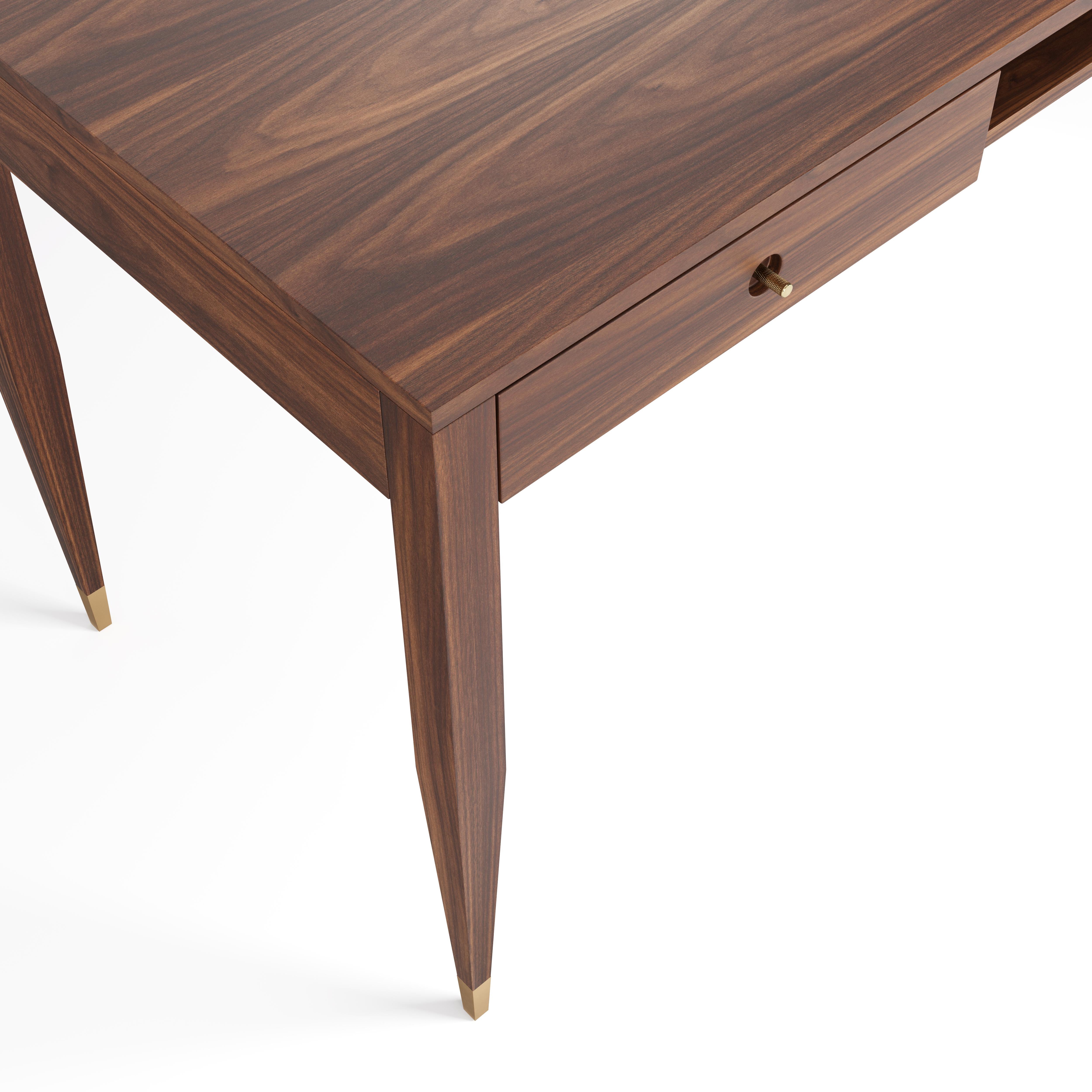 Mid-Century Modern Large walnut desk with two solid drawers and shelf in mid century modern style For Sale