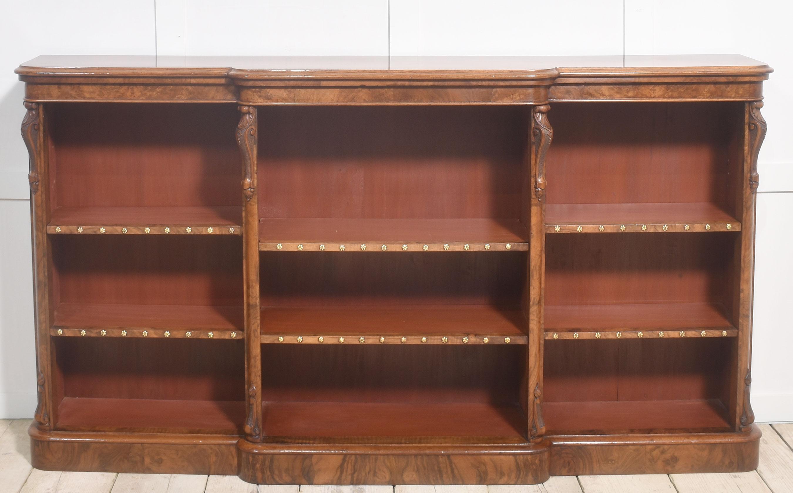 Large walnut dwarf open bookcase For Sale 5