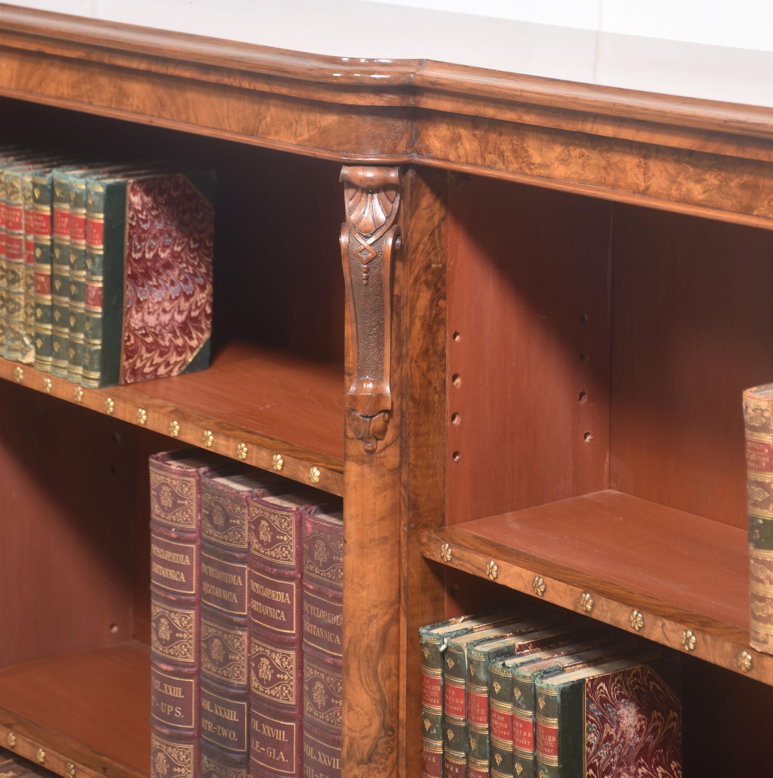 British Large walnut dwarf open bookcase For Sale
