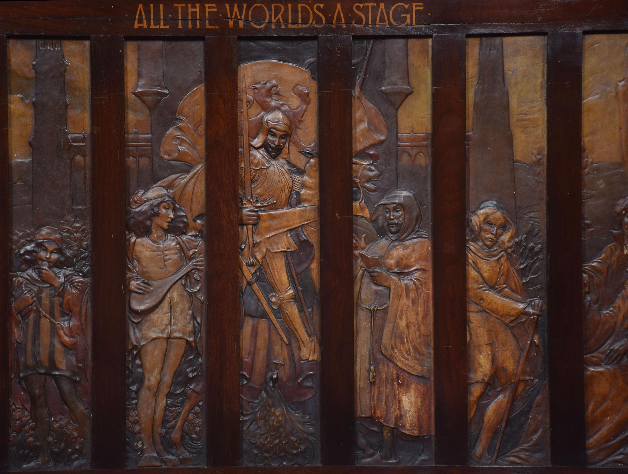 Large walnut framed wall plaque All the worlds a stage, after William Shakespeare, mahogany framed wall plaque with painted carved plaster tile.
Dimensions:
Height 33 inches
Width 54.5 inches
Depth 2 inches.