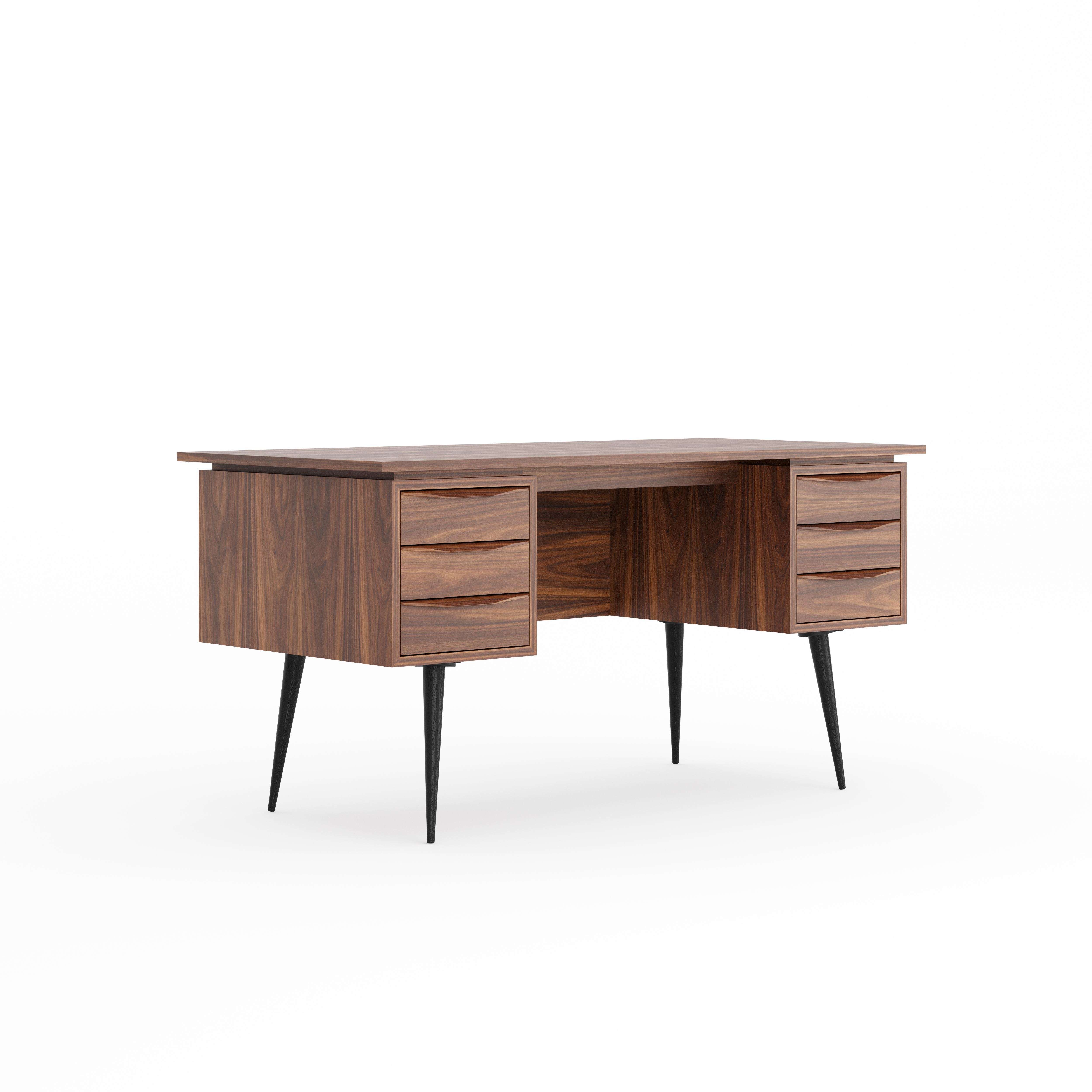Large walnut office desk in mid century style with six drawers. Six drawers guarantee a large amount of storage space. Perfect as an office desk, study desk, writing desk, computer desk. High quality desk made of wood covered with natural walnut