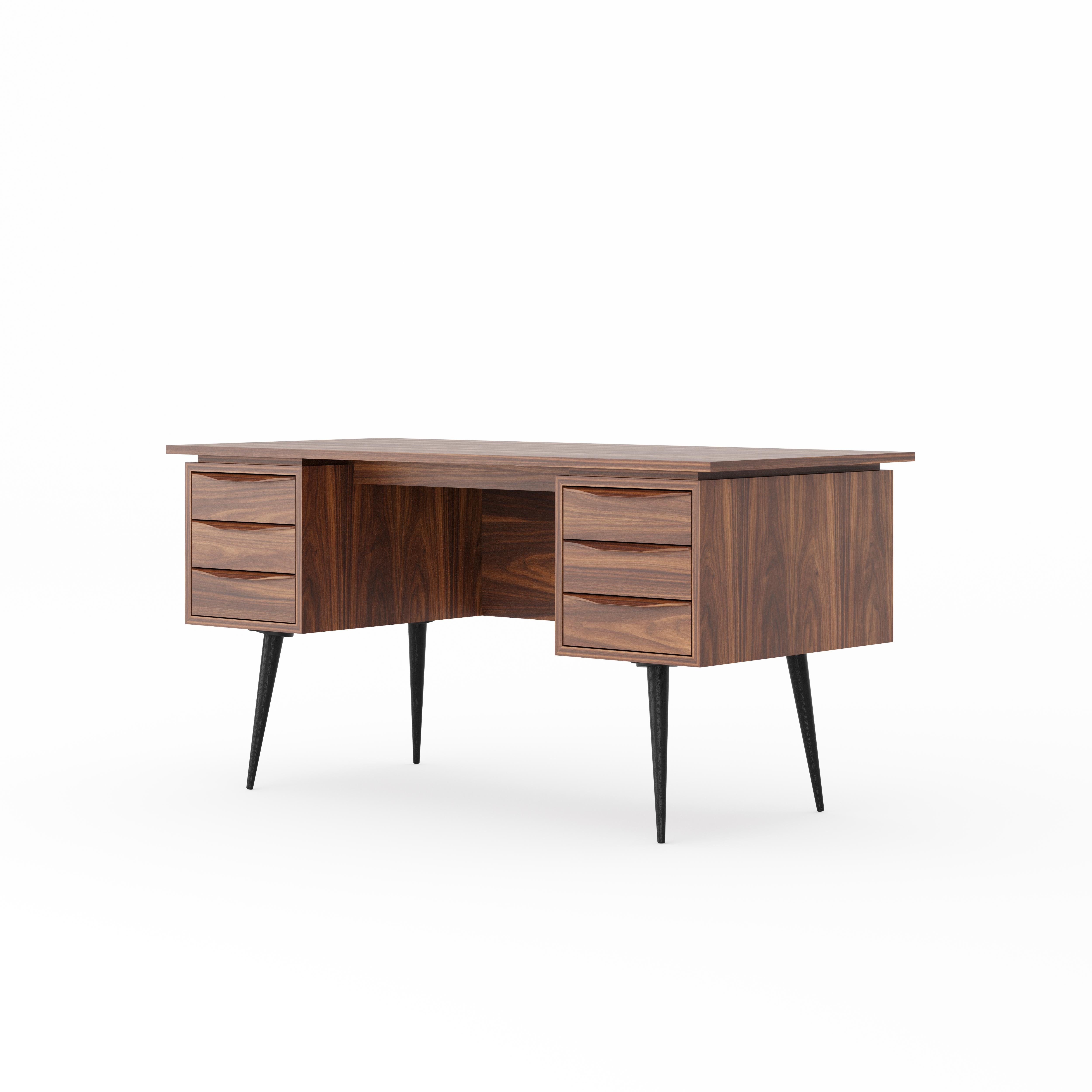 Polish Large walnut office desk with six drawers and black legs in mid century modern For Sale