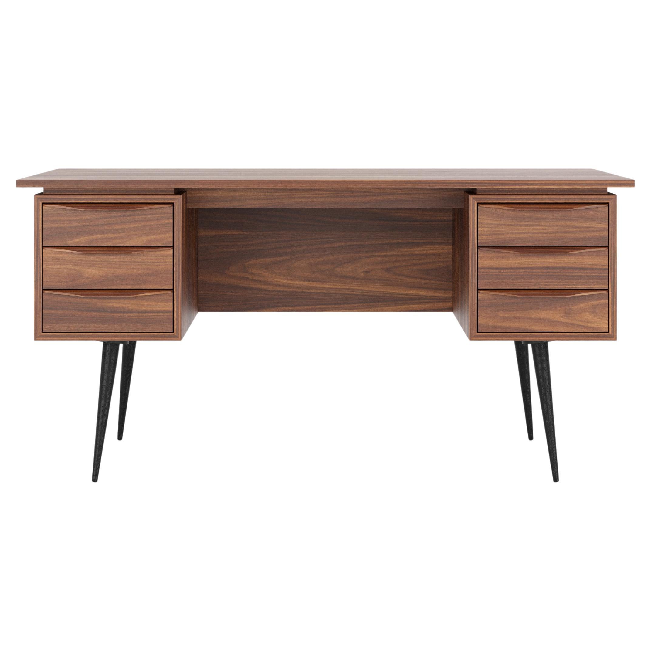 Large walnut office desk with six drawers and black legs in mid century modern For Sale