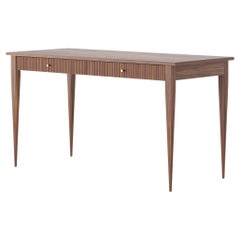 Large walnut office desk with two slatted drawers in mid century modern style
