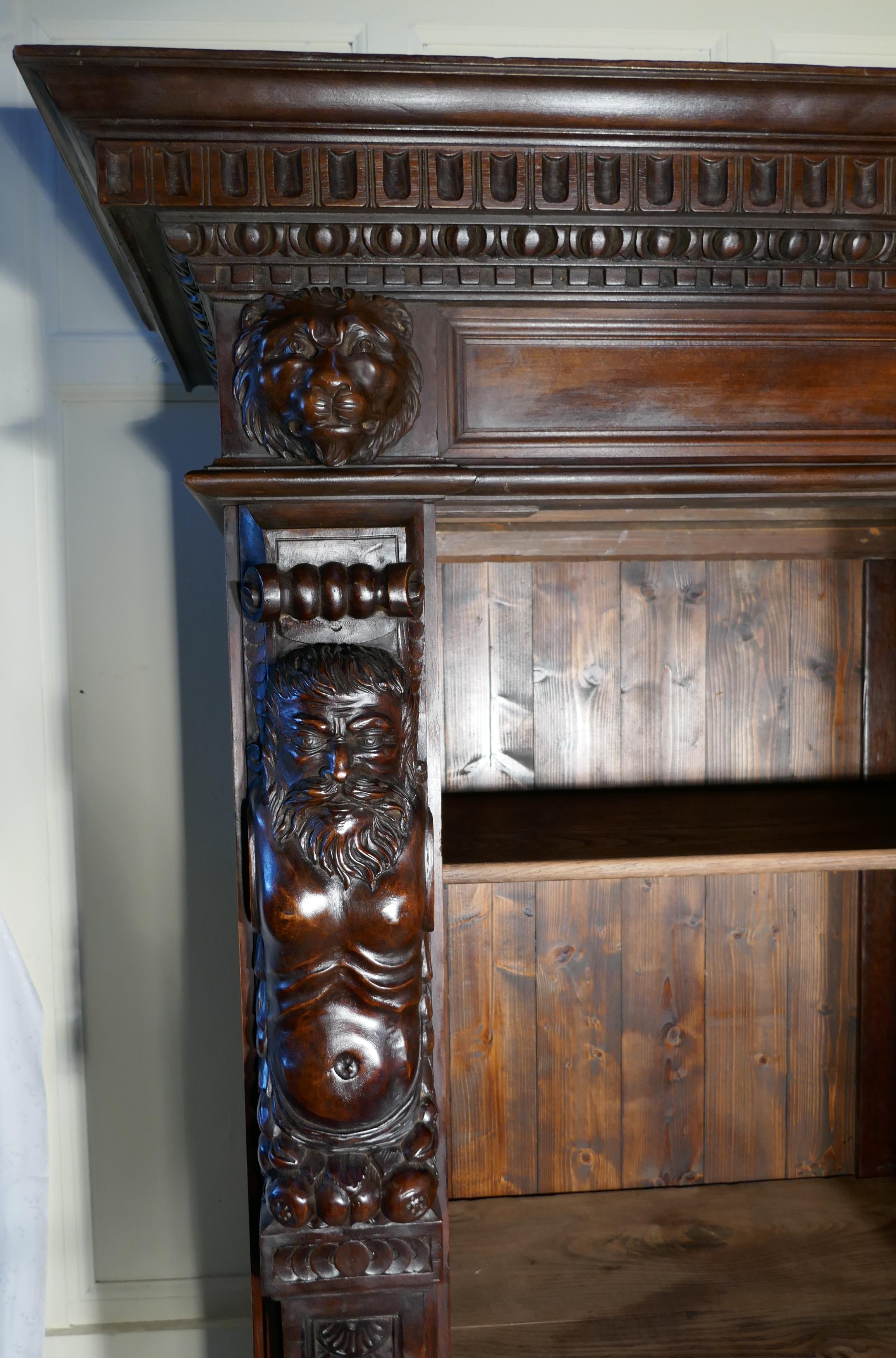 Large Walnut Open Bookcase, Carved with Lion Caryatid and Ancient Gods 6