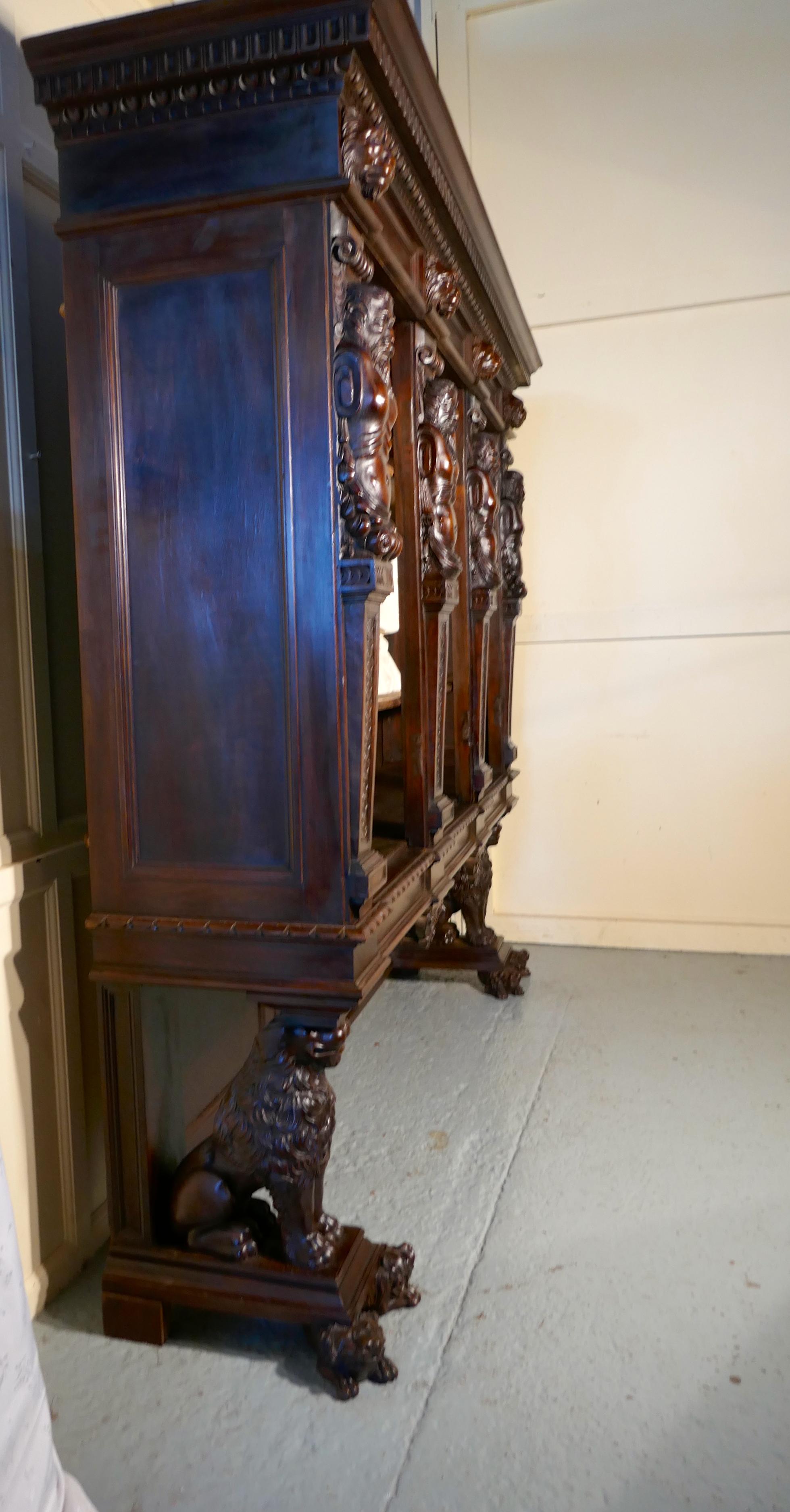 Gothic Large Walnut Open Bookcase, Carved with Lion Caryatid and Ancient Gods