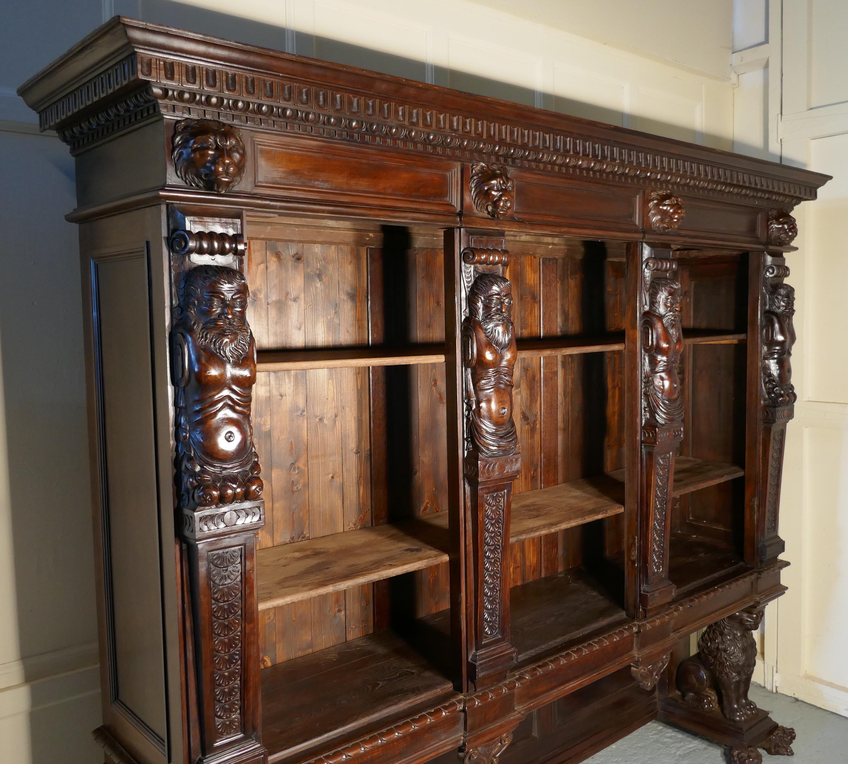 Large Walnut Open Bookcase, Carved with Lion Caryatid and Ancient Gods 1