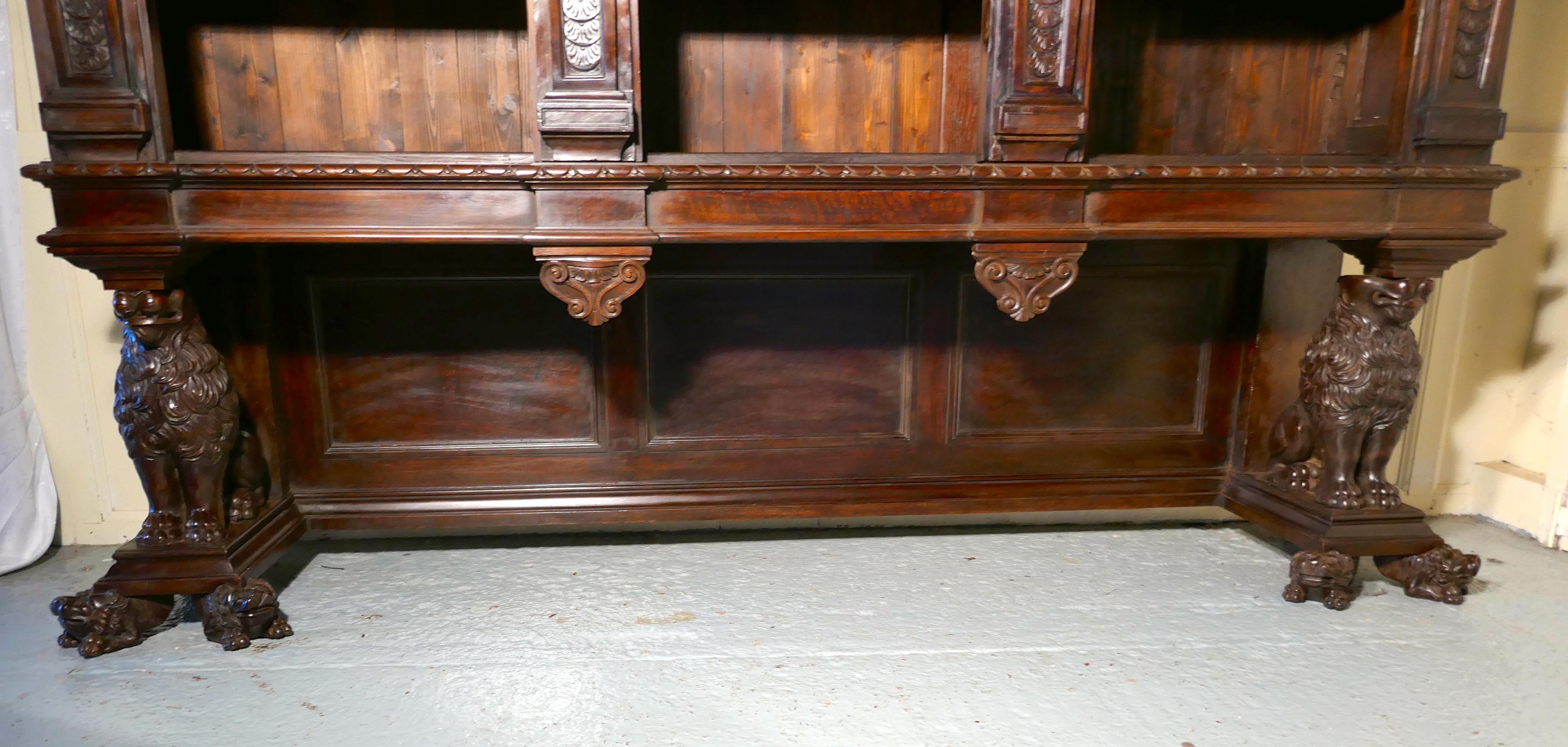 Large Walnut Open Bookcase, Carved with Lion Caryatid and Ancient Gods 2