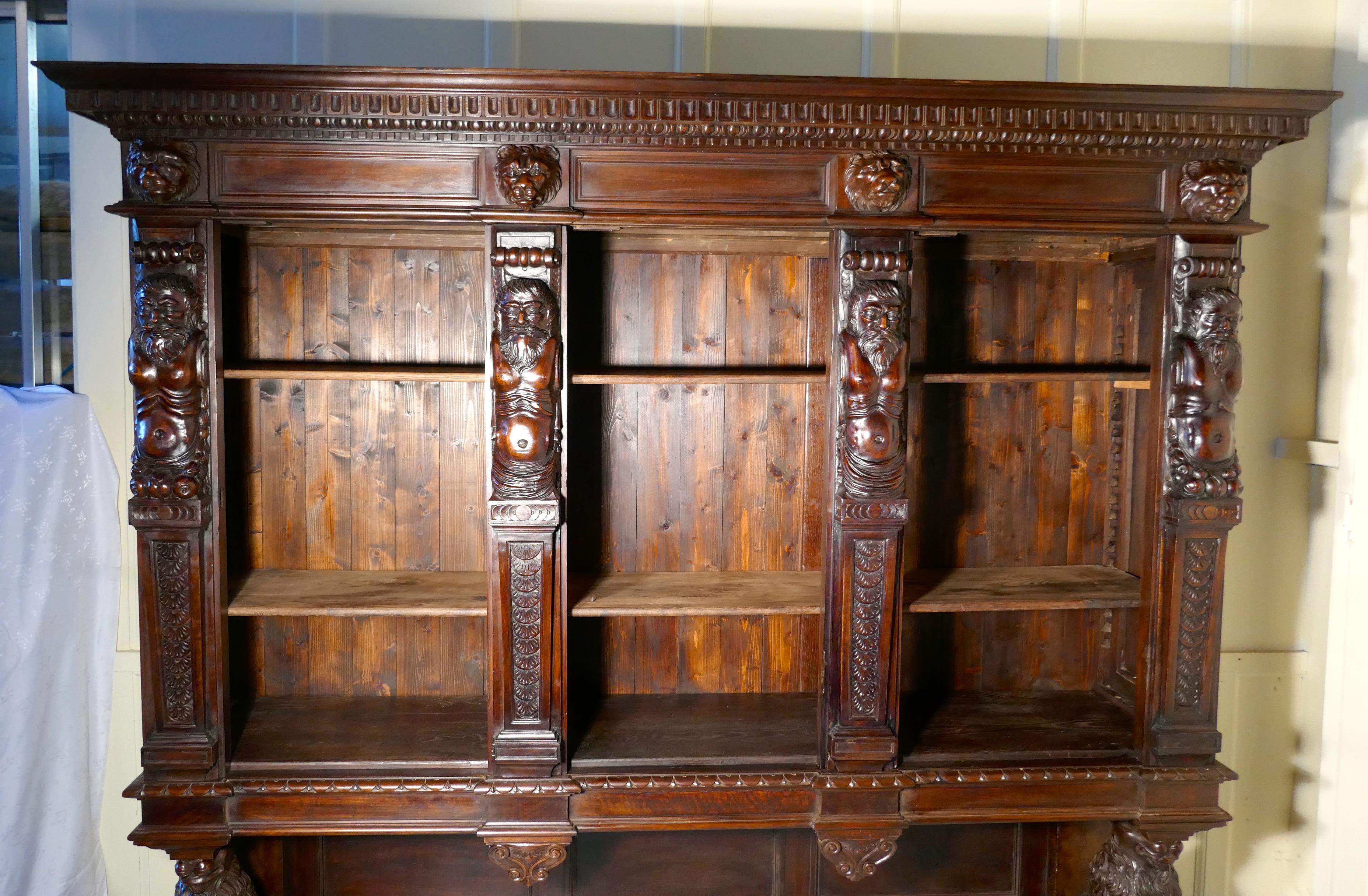 Large Walnut Open Bookcase, Carved with Lion Caryatid and Ancient Gods 3